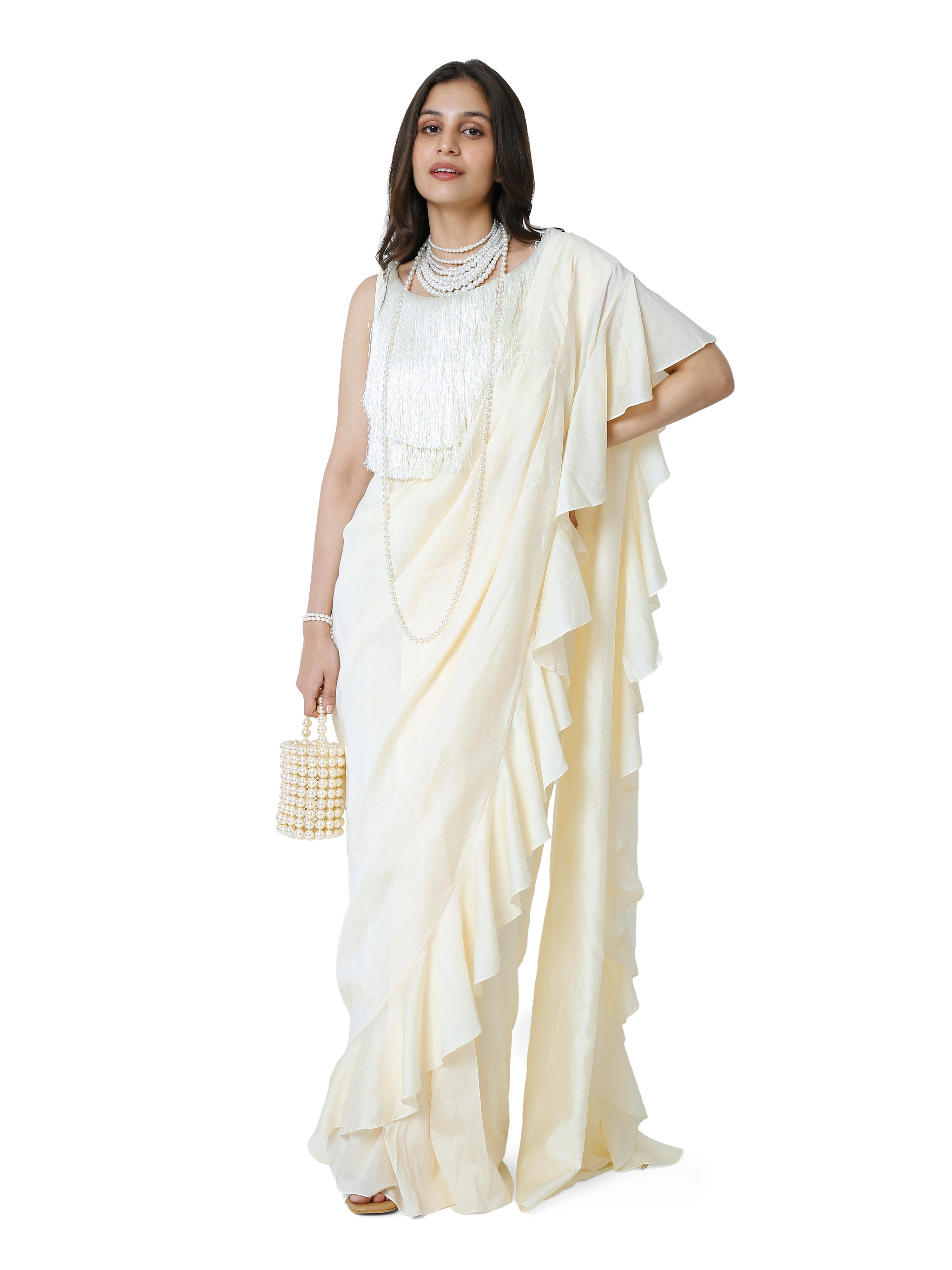 Off White Fringe Blouse and Skirt Saree