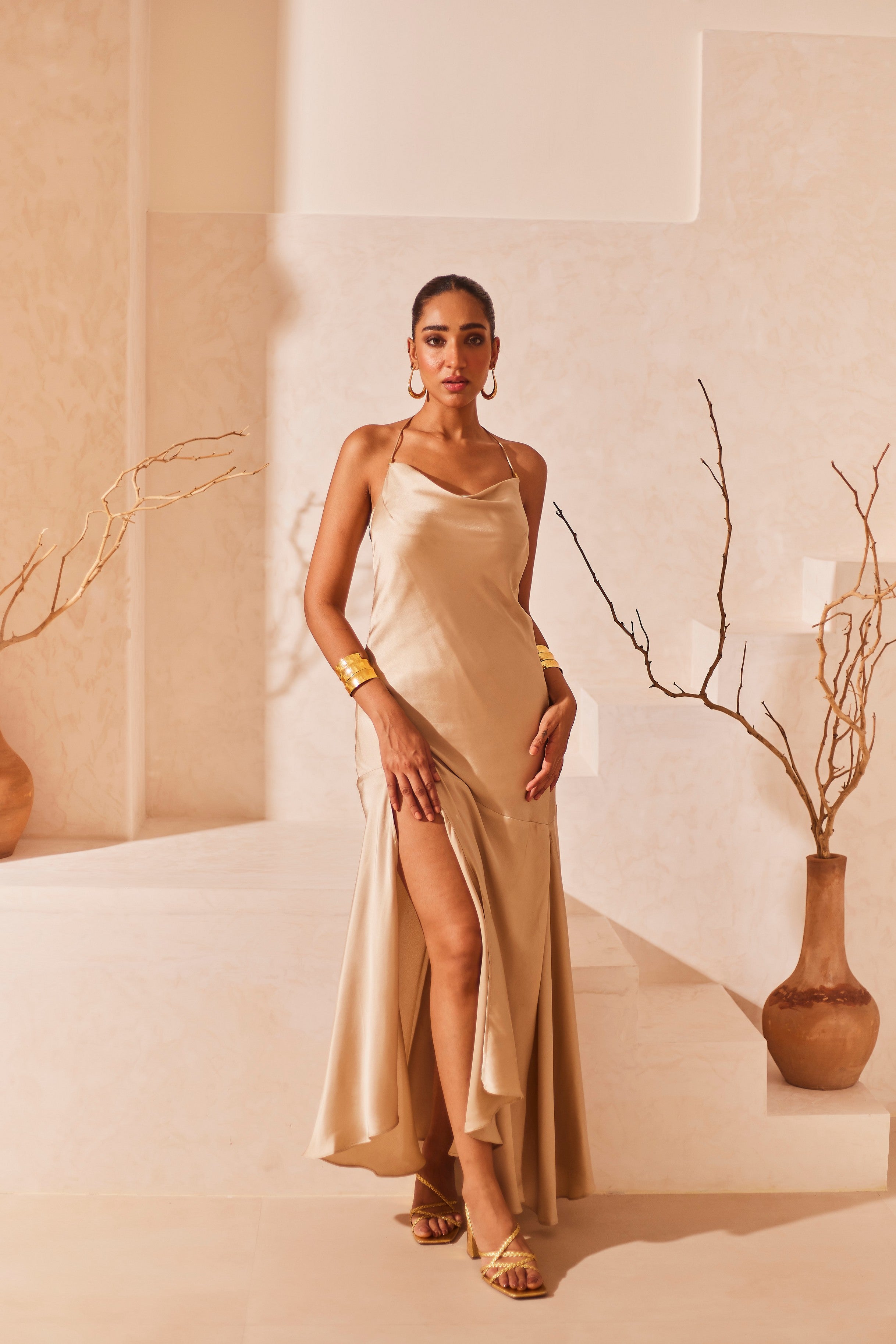Satin Cowl Neck Maxi Dress