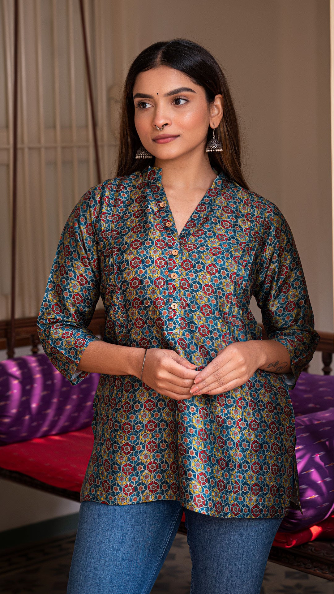 AASTHA MULTI COLOUR AJARAKH PRINT SHORT TOP IN SILK