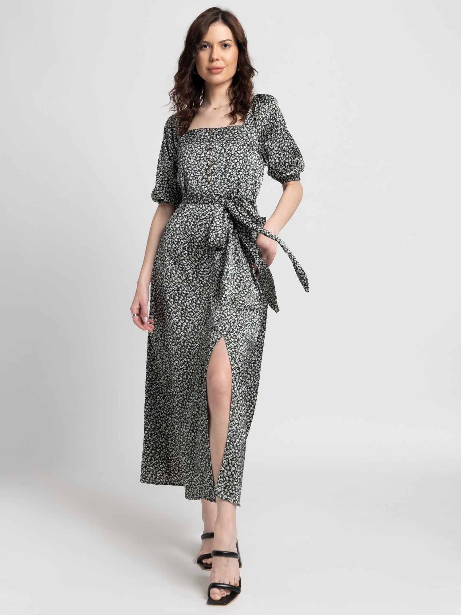 Noir Botanical Square Midi Dress
