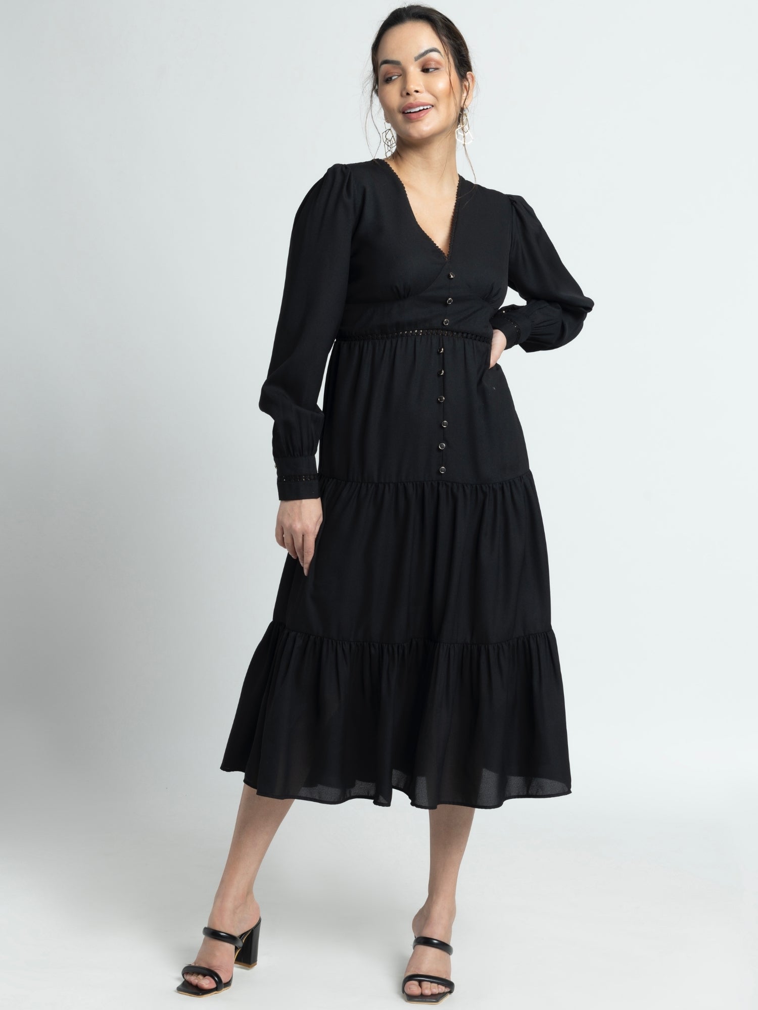 Midnight Black V Midi Dress