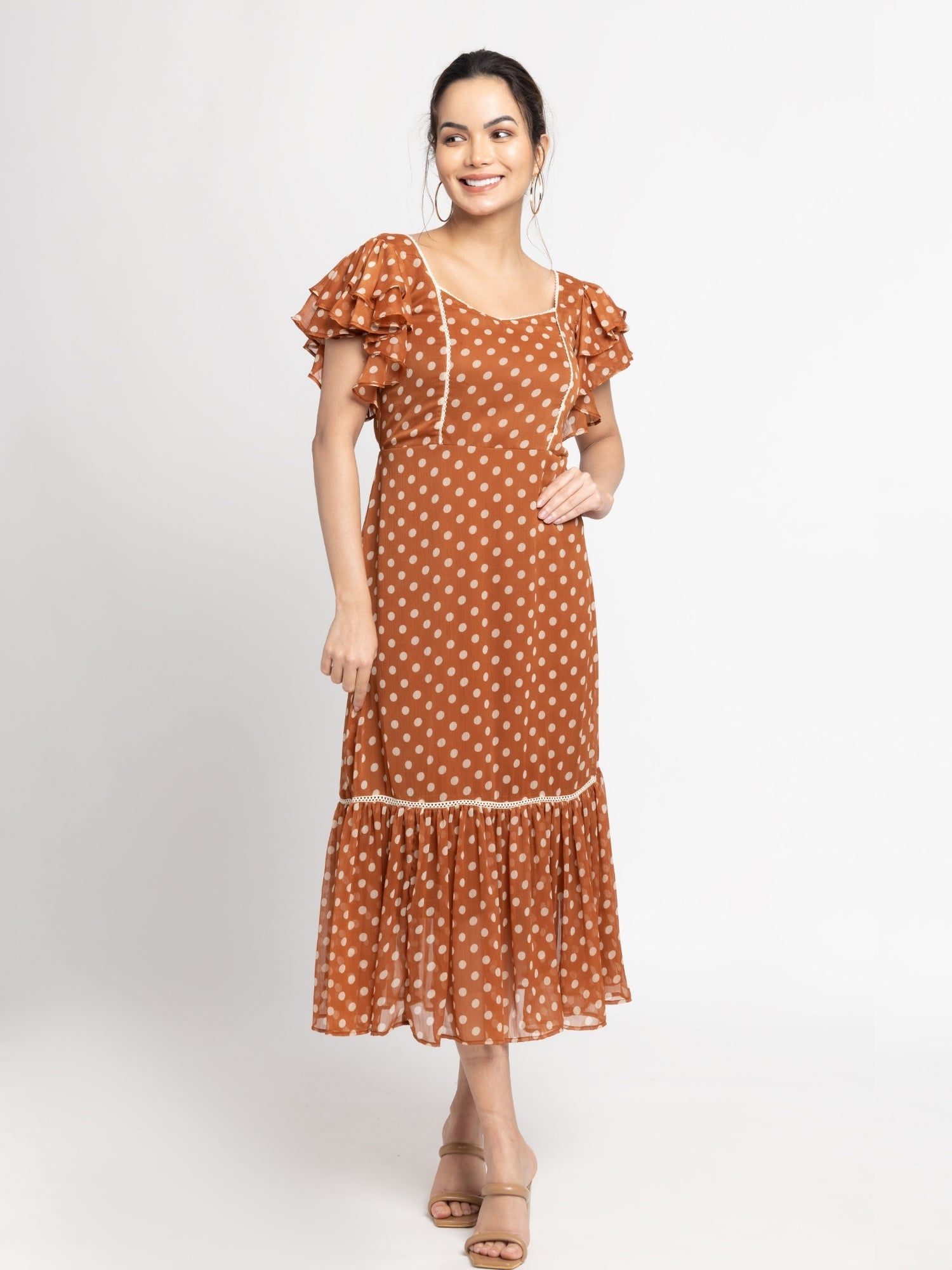 Brown Polka Midi Dress