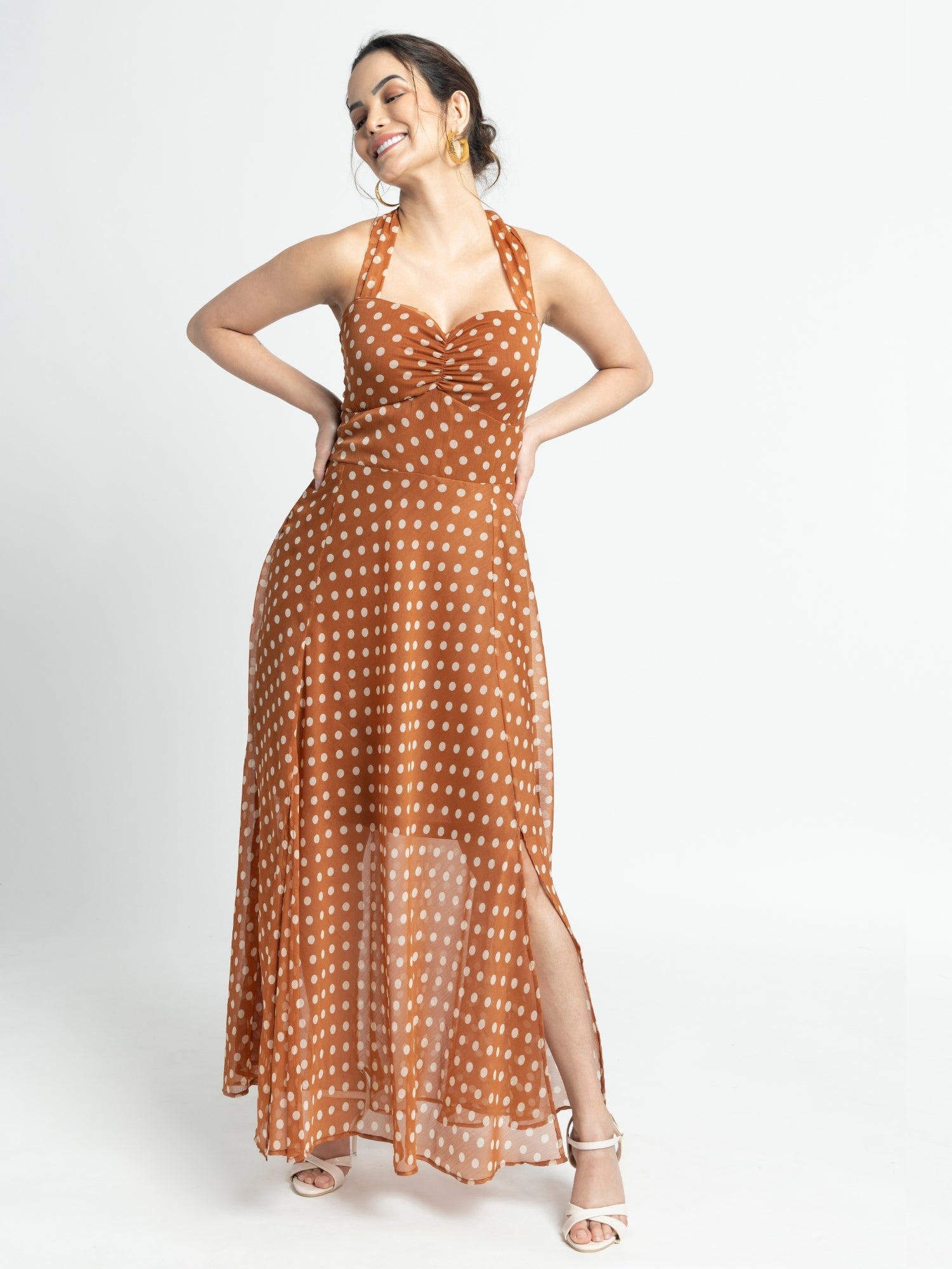 Brown Polka Maxi Dress