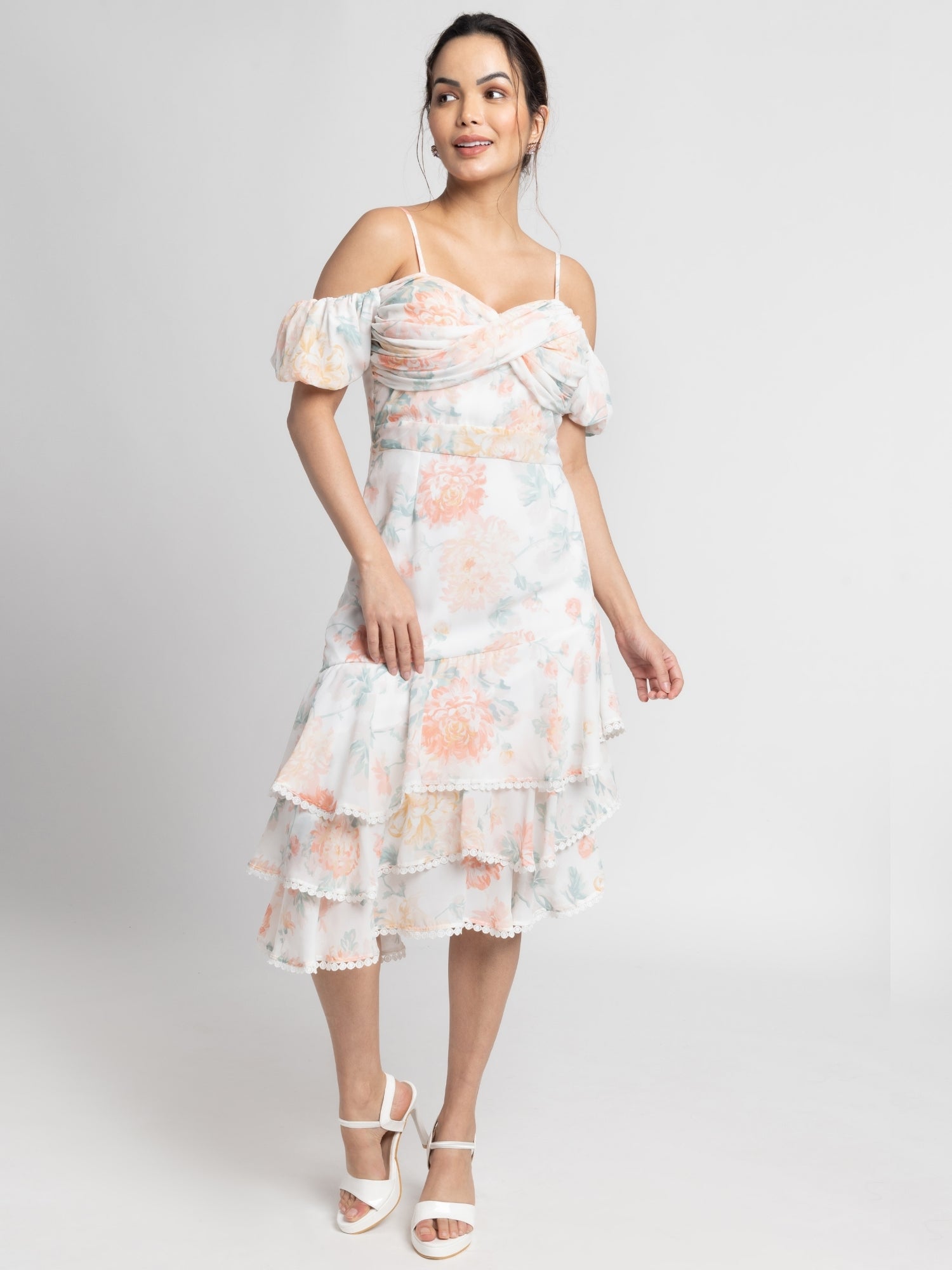 Exquisite Ivory Off-Shoulder Midi Dress