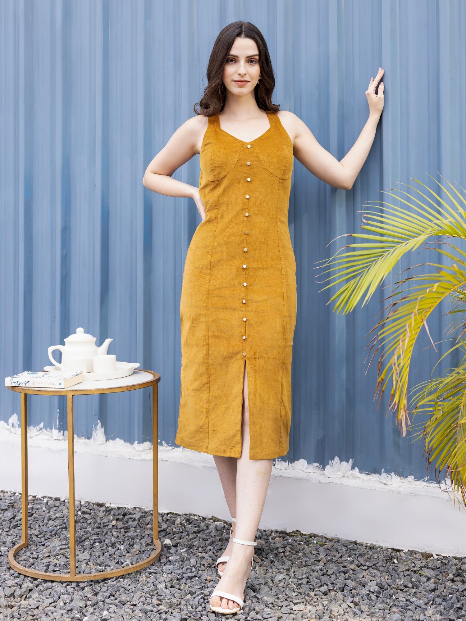 Mustard Charm Corduroy Midi Dress