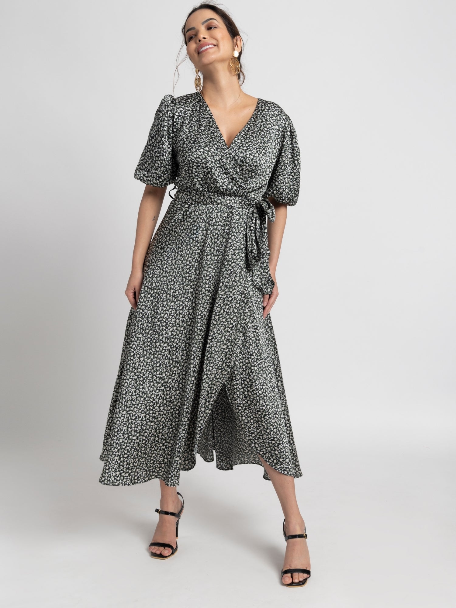 Noir Botanical Surplice Midi Dress