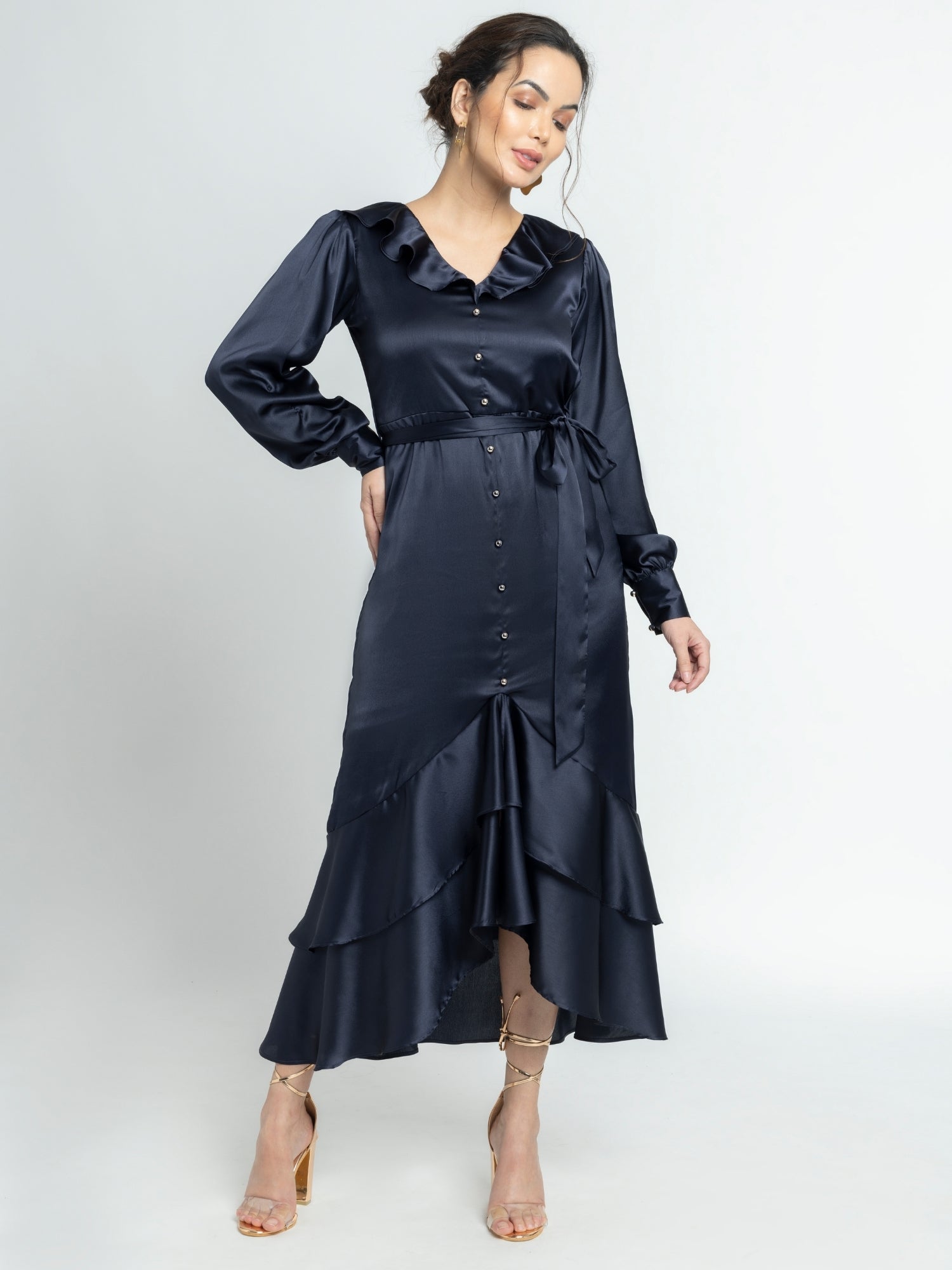 Navy Nights Ruffle Midi Dress