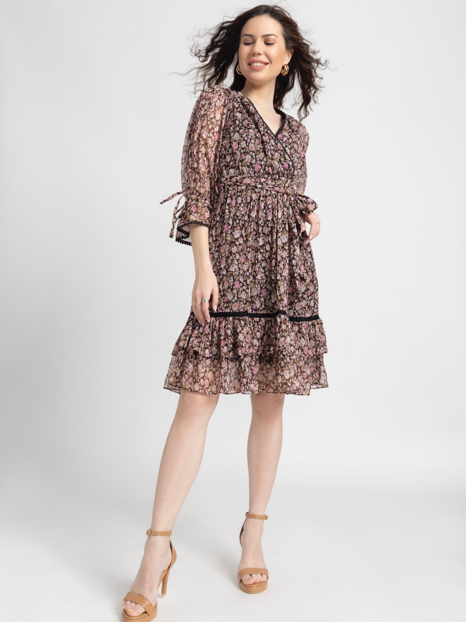 Cocoa Blossom Surplice Mini Dress