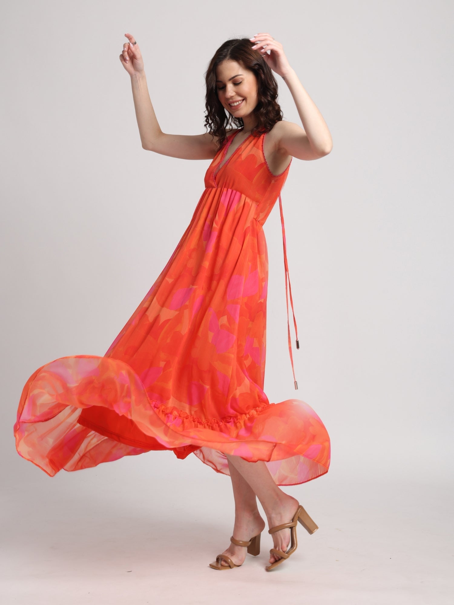 Playful Orange Surplice Maxi Dress