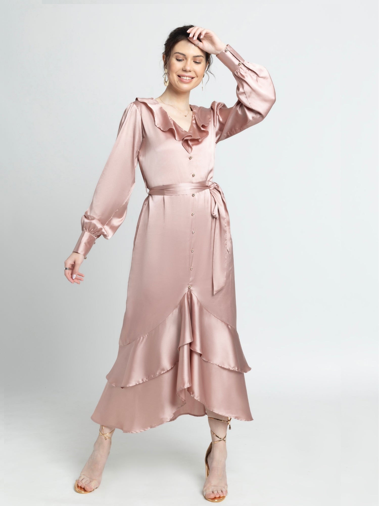 Rose Gold Ruffle V Midi Dress