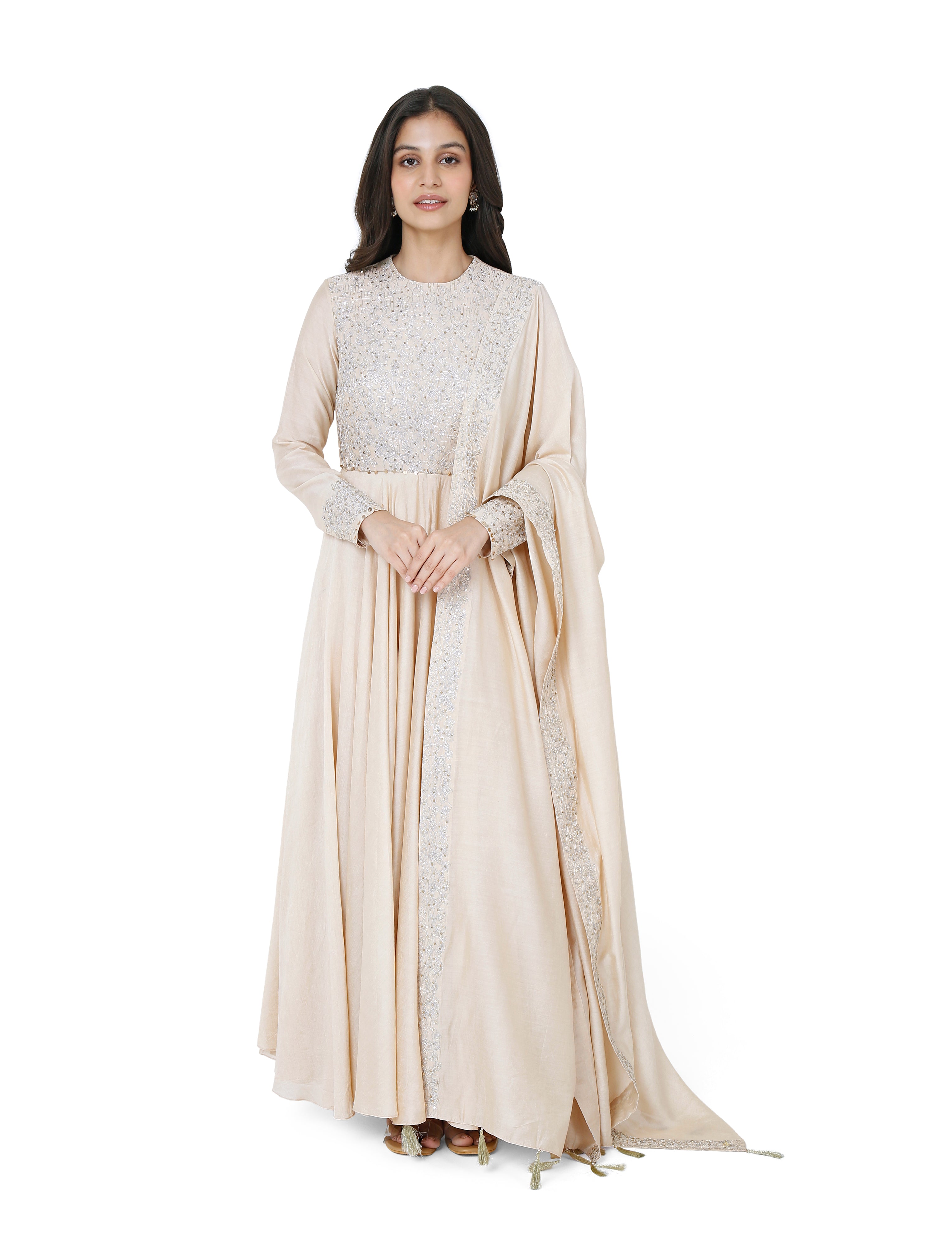 Beige Back cut Anarkali with Dupatta