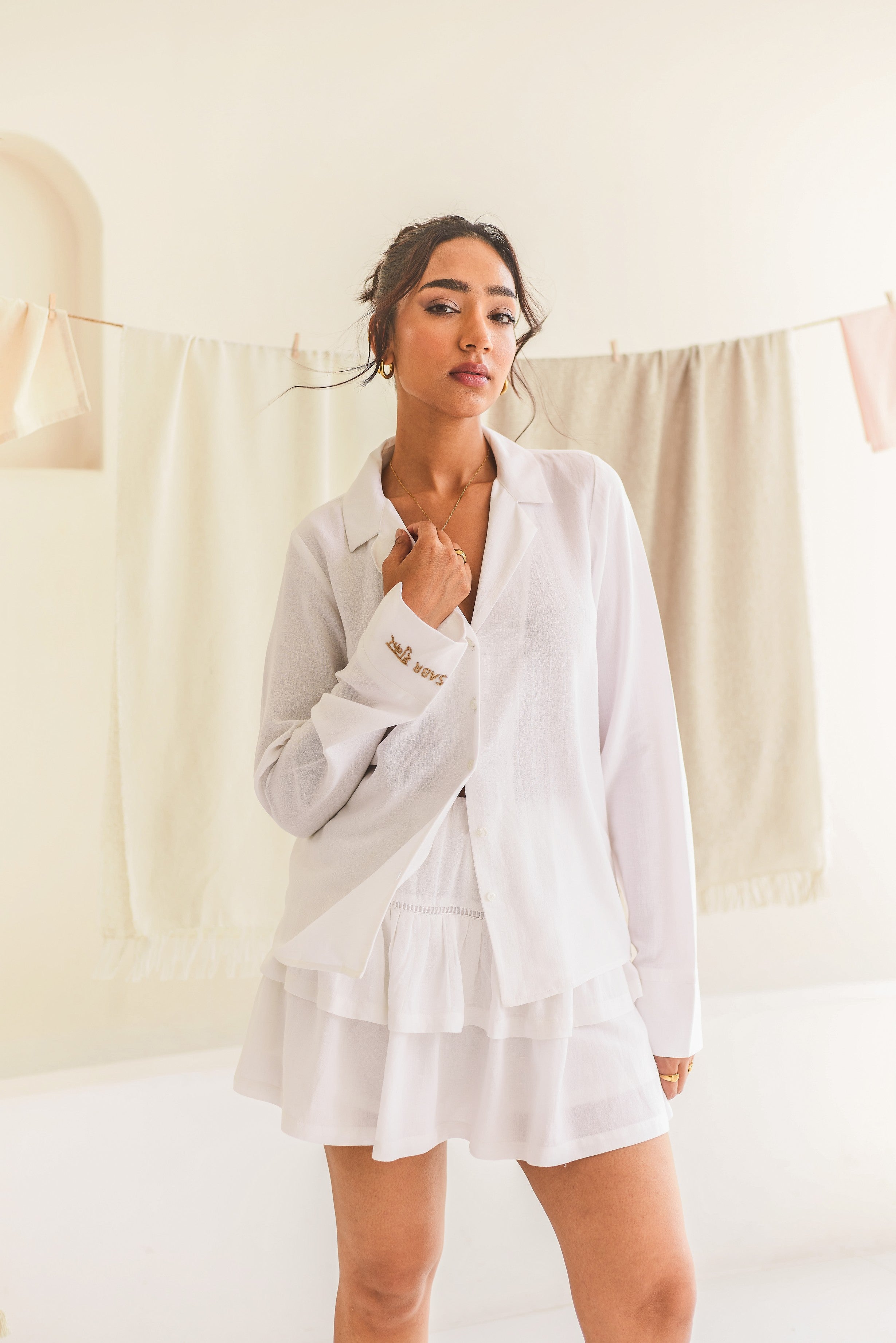 White Linen Shirt with Embroidery Detail