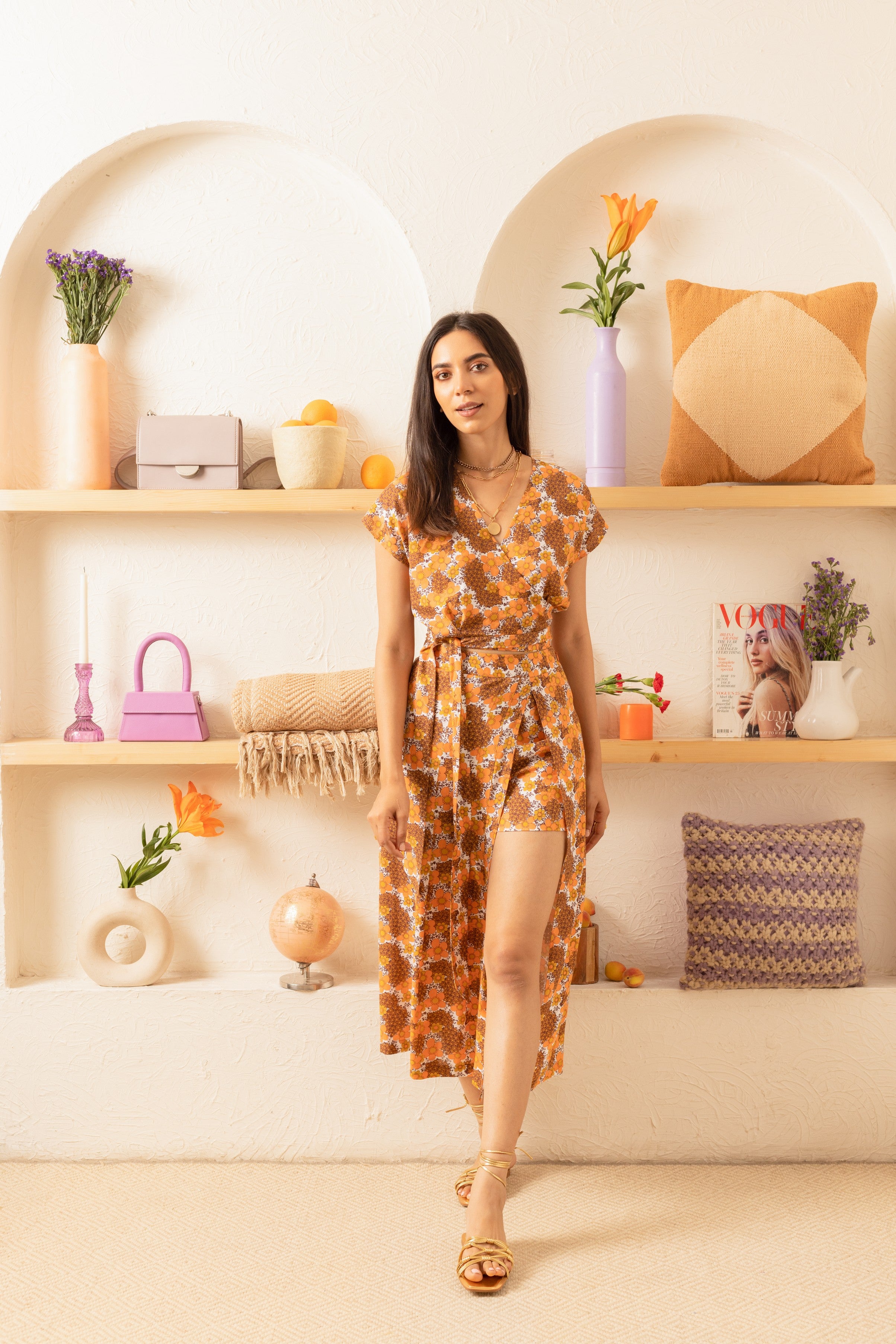 Orange Floral Drop Shoulder Wrap Top