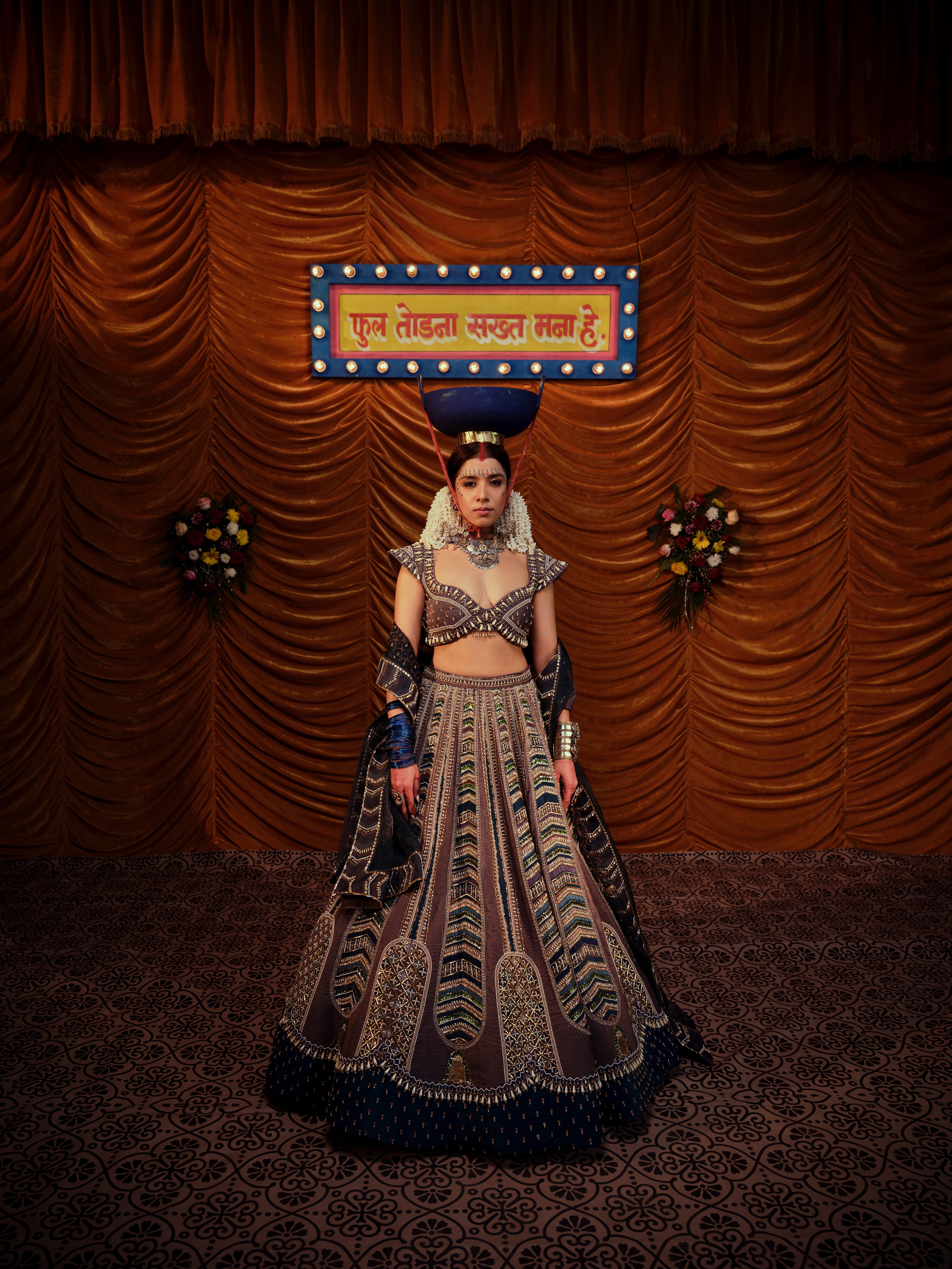 Velvet Multicolour 3 Piece Bridal Lehenga Set