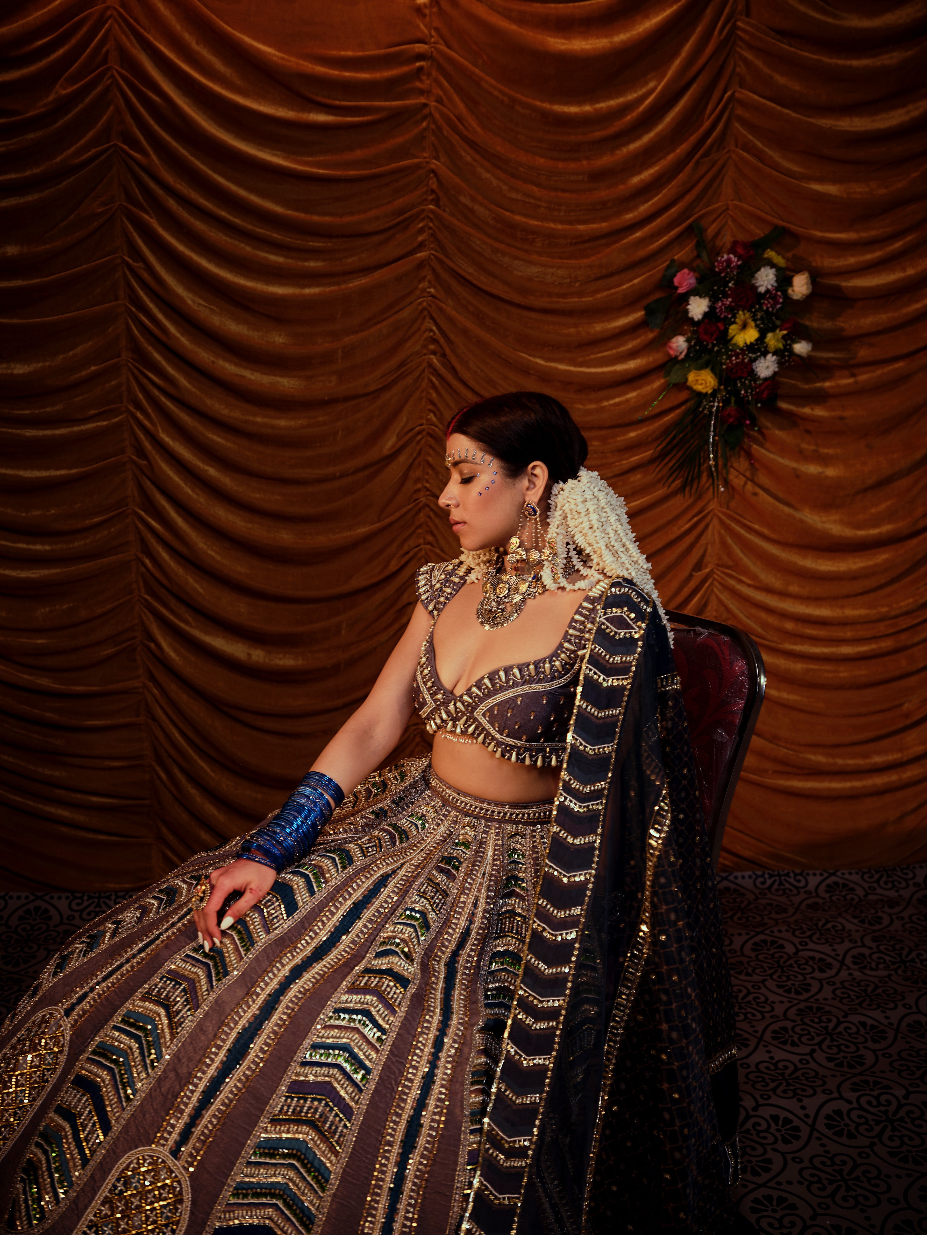 Velvet Multicolour 3 Piece Bridal Lehenga Set