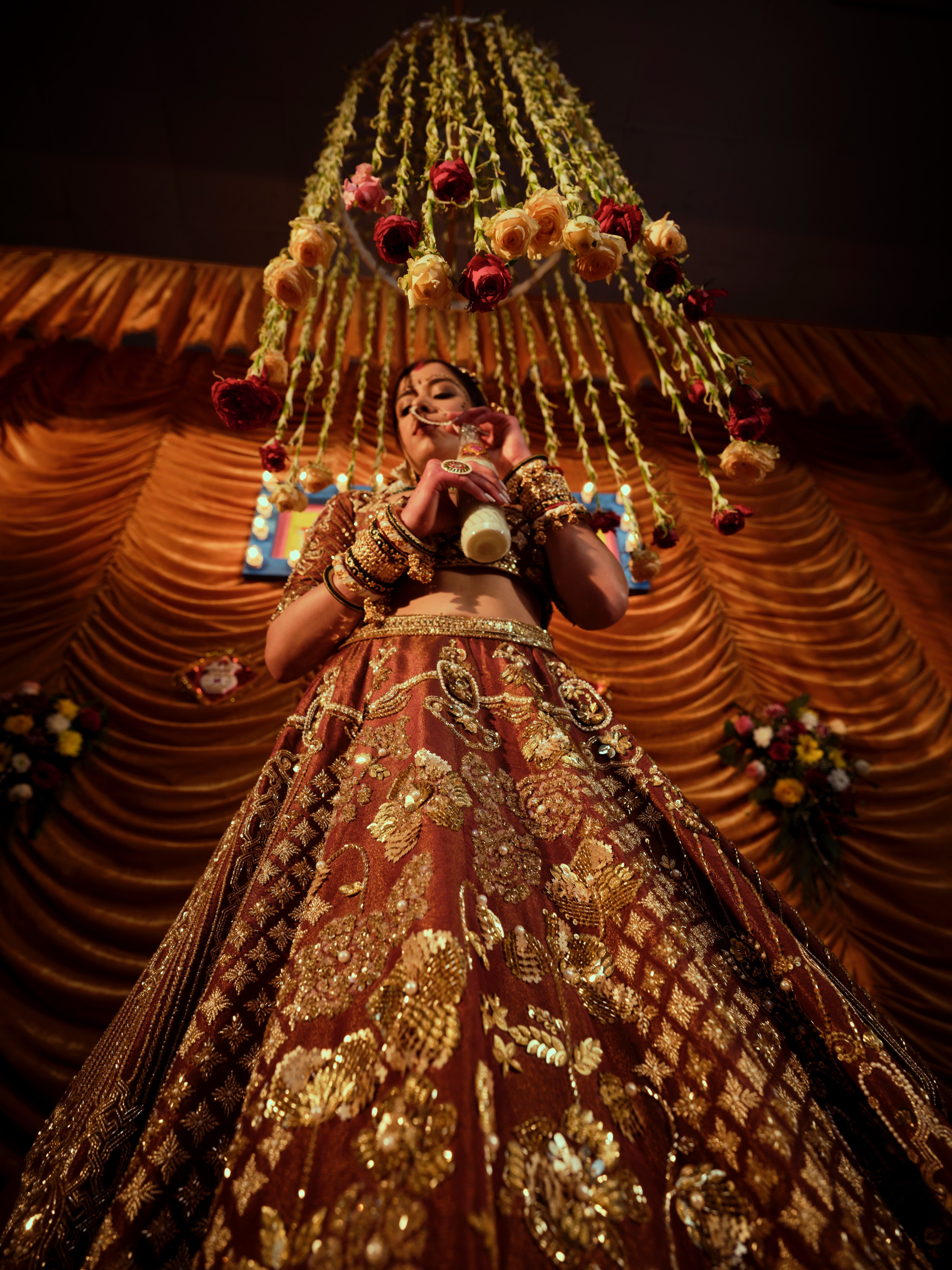 Tawny Brown Gaji 4 piece bridal lehenga set