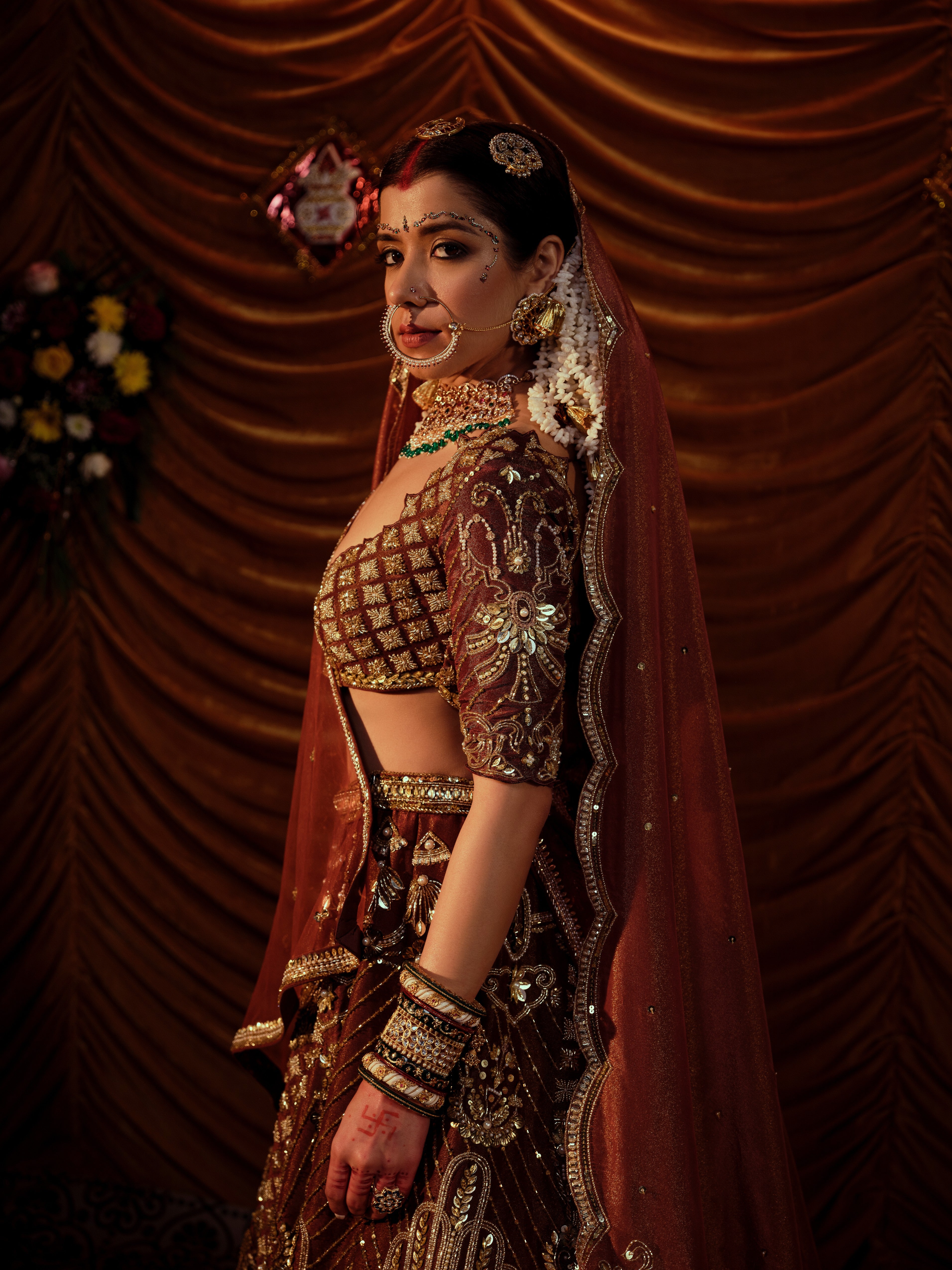 Tawny Brown Gaji 4 piece bridal lehenga set