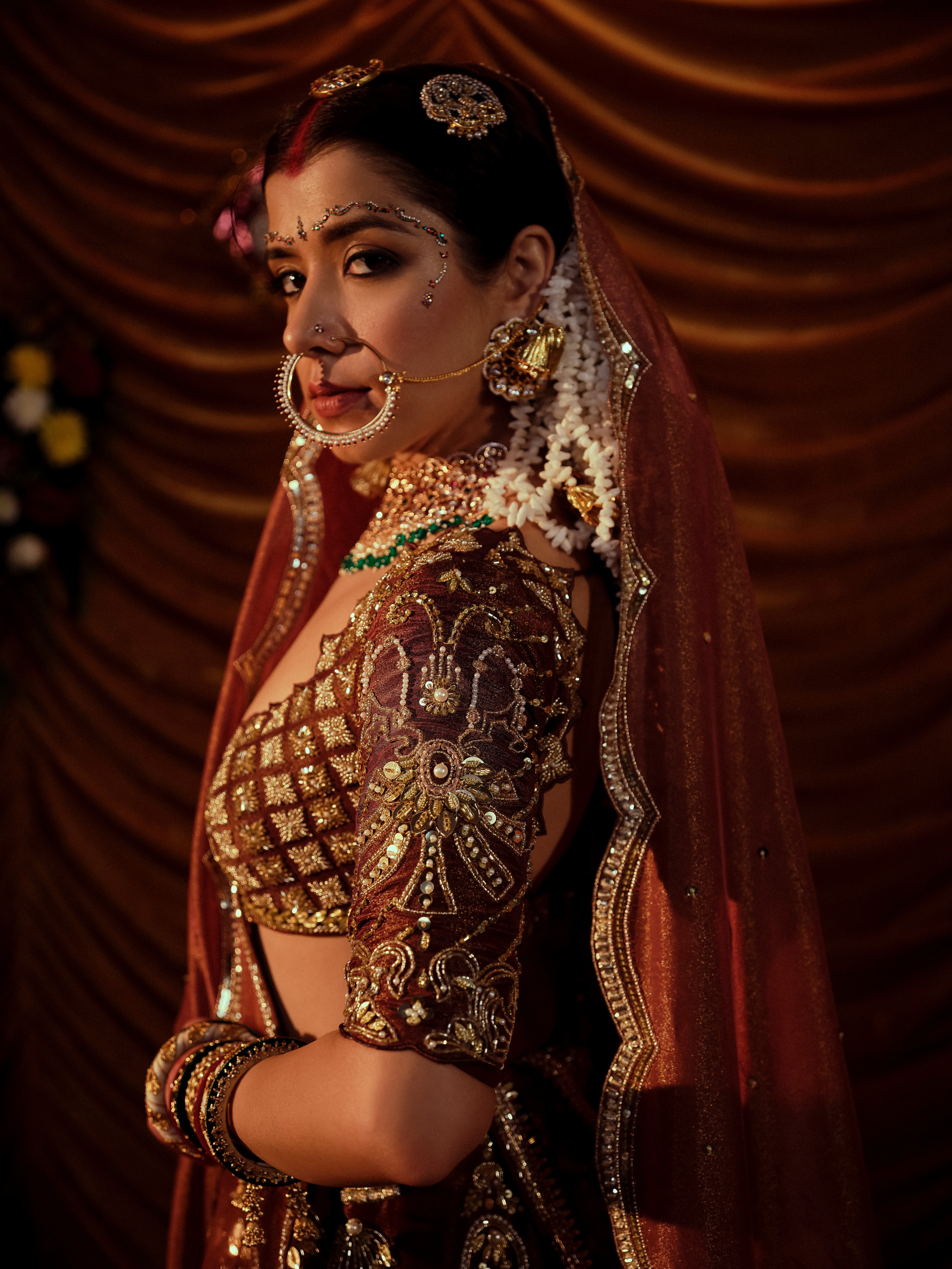 Tawny Brown Gaji 4 piece bridal lehenga set