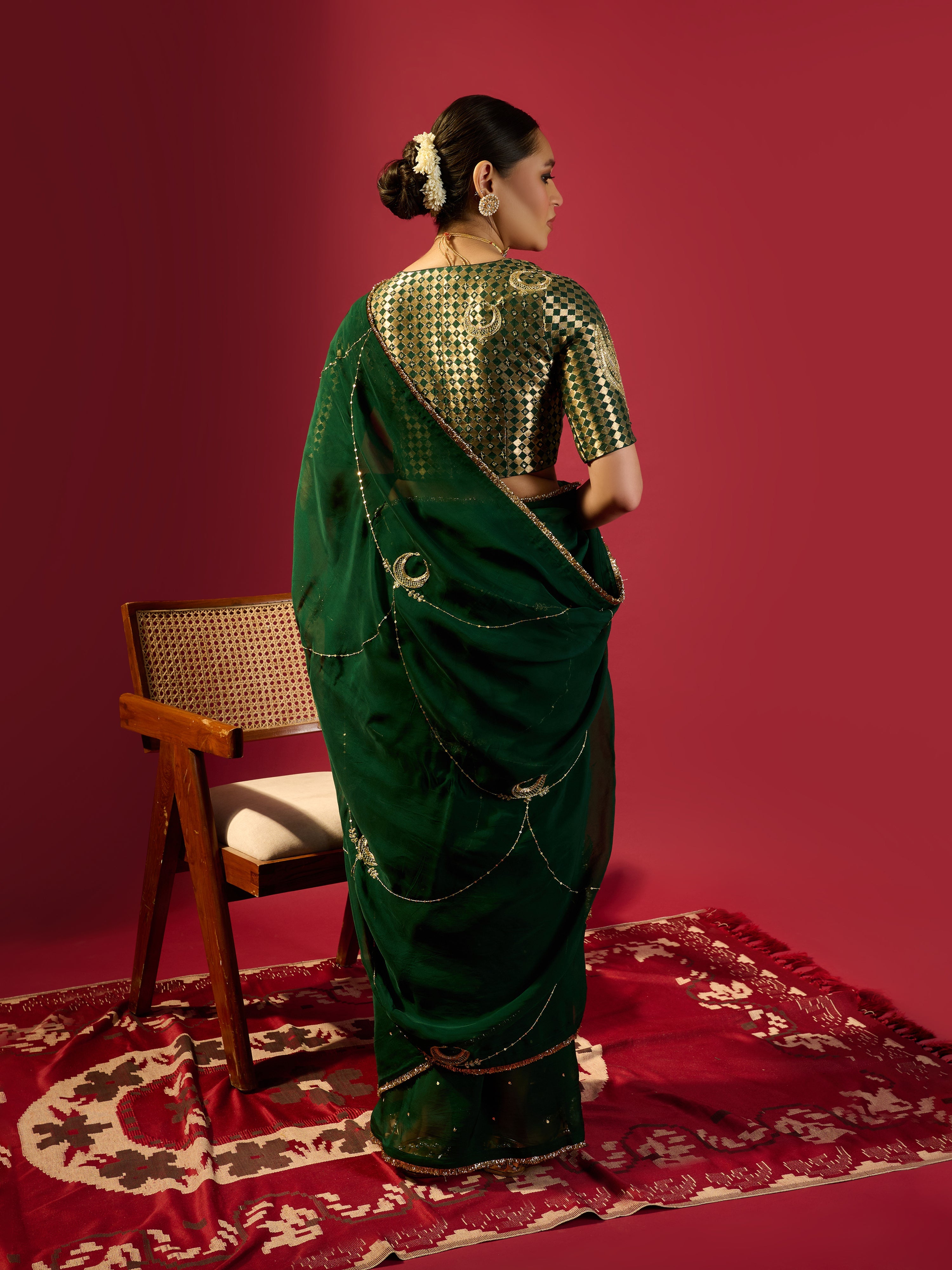 Bottle Green Chand Jaal Saree With Barfi Chand Blouse