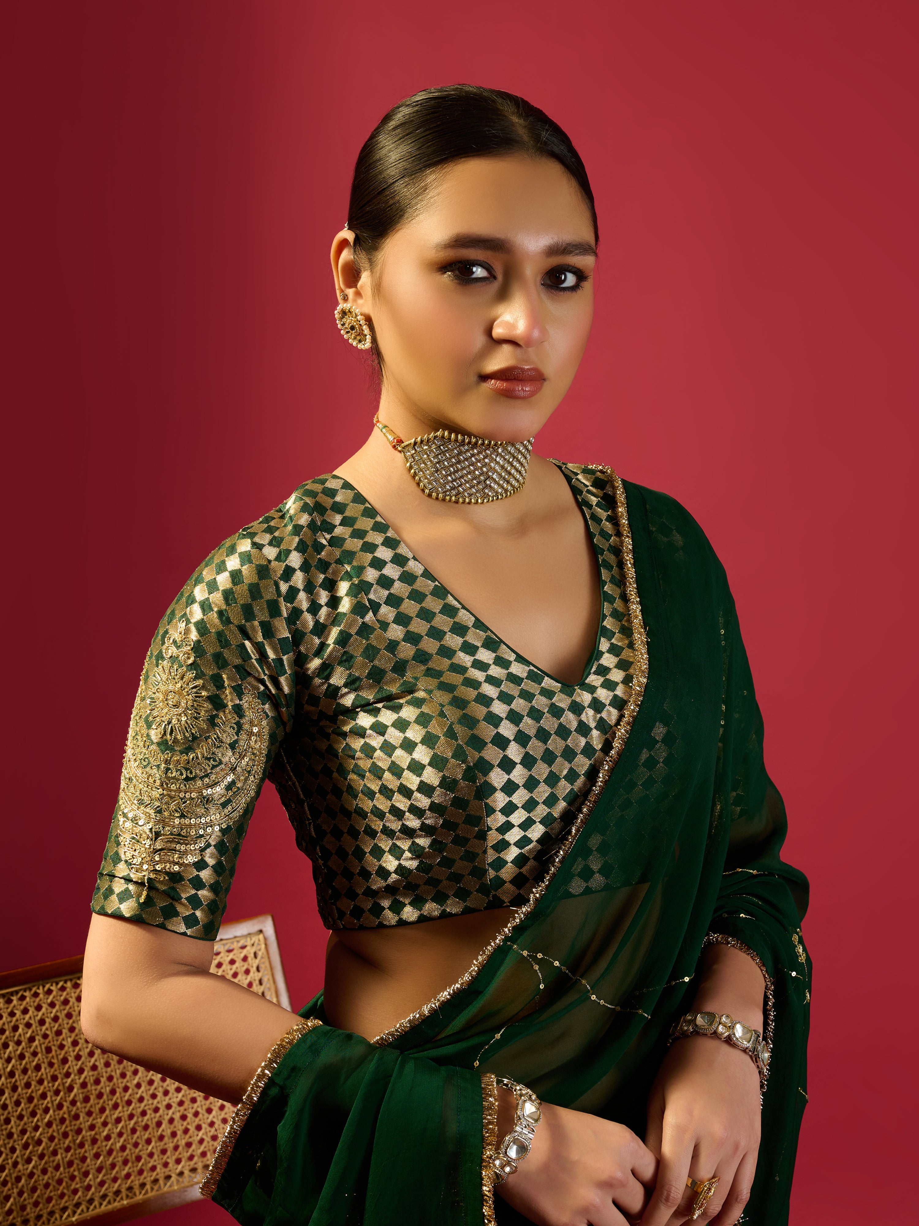 Bottle Green Chand Jaal Saree With Barfi Chand Blouse