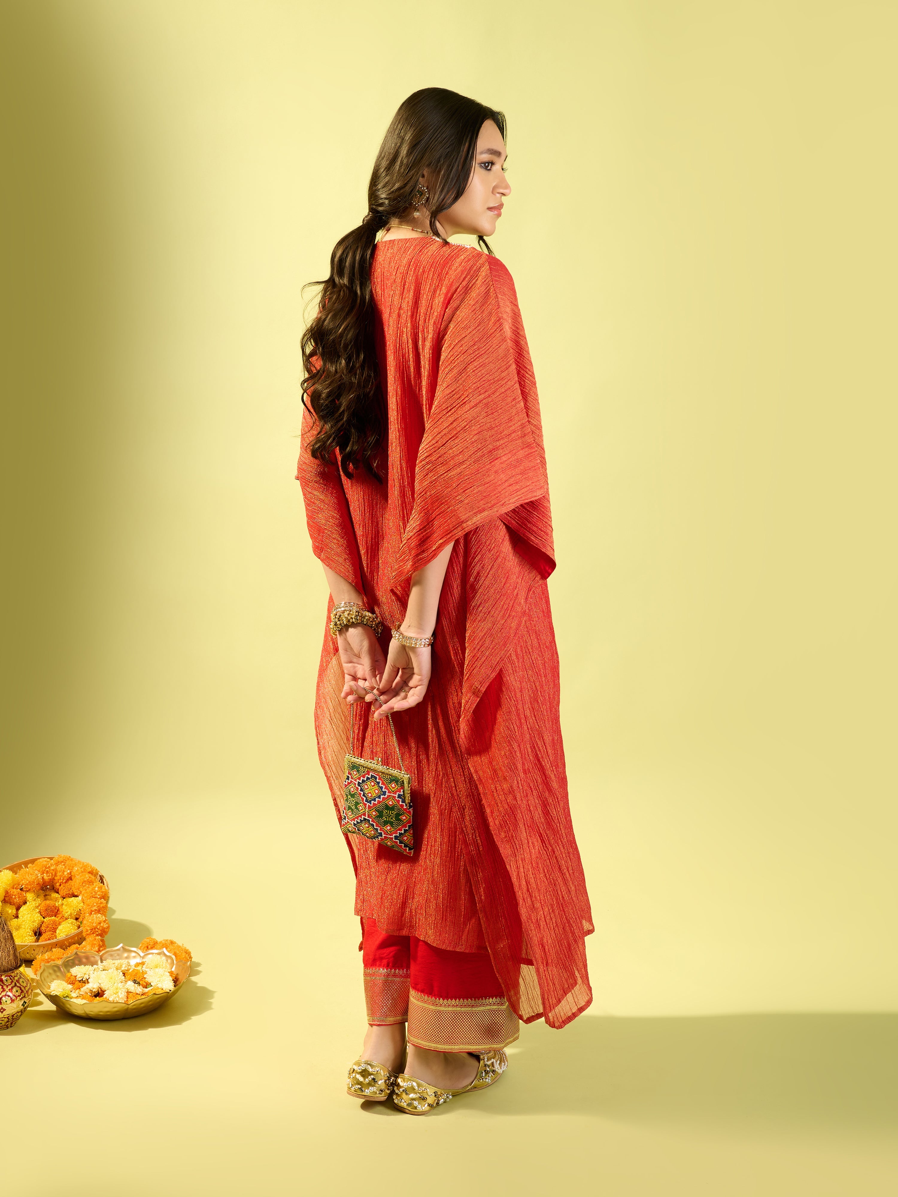 Red Crinkle Kaftan Set