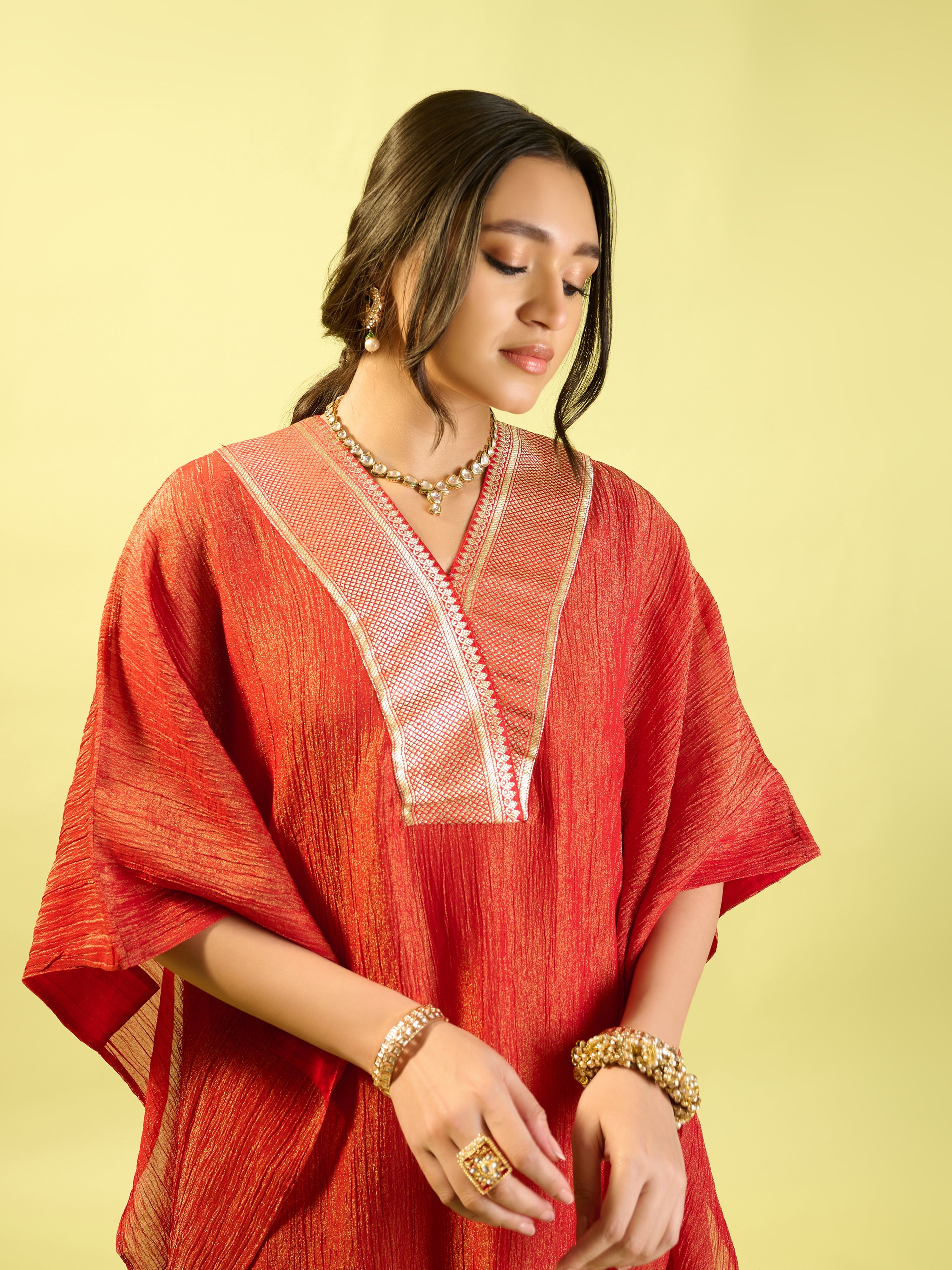 Red Crinkle Kaftan Set
