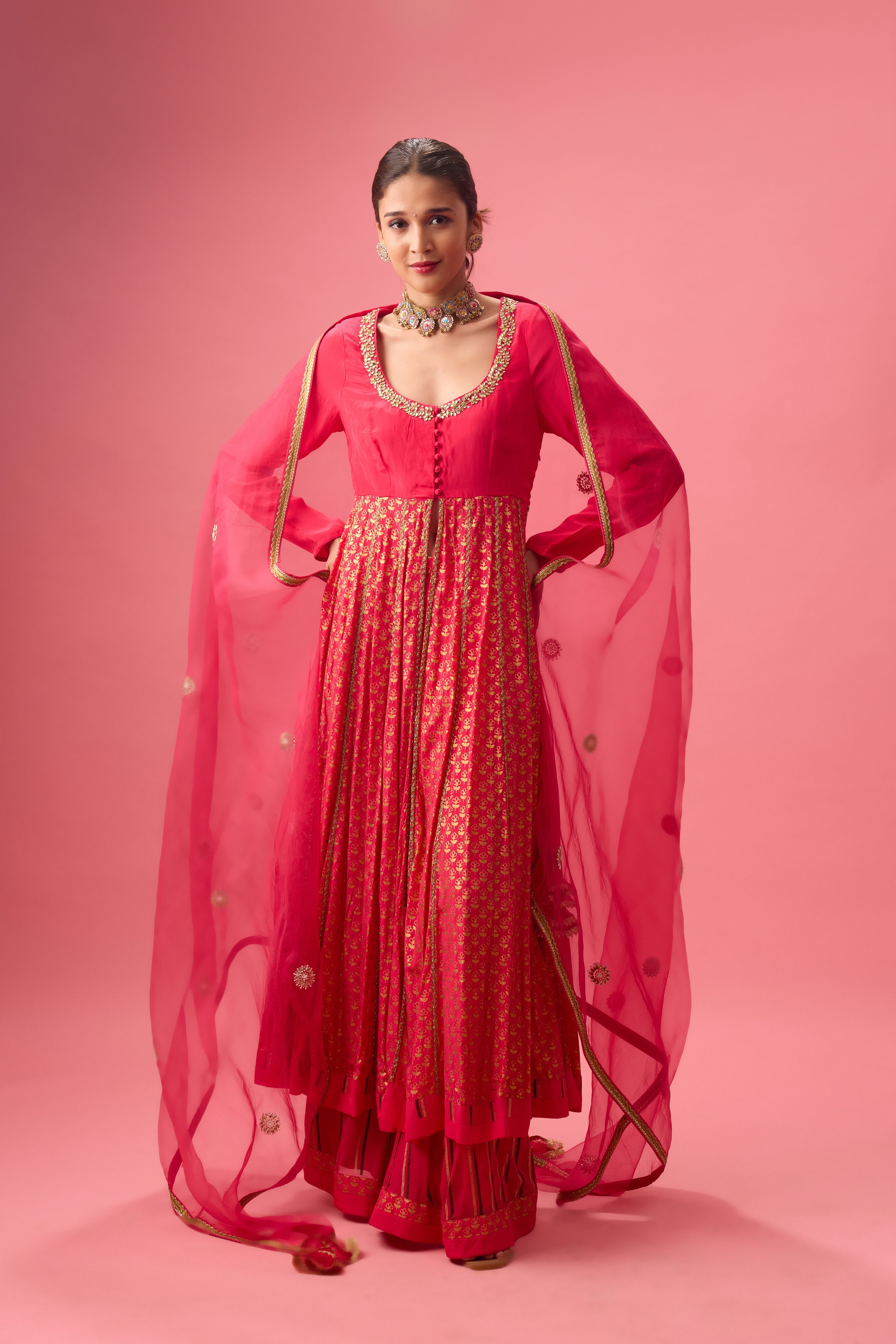 RANI PINK KALIDAR KURTA WITH FLARED PANT AND DUPATTA