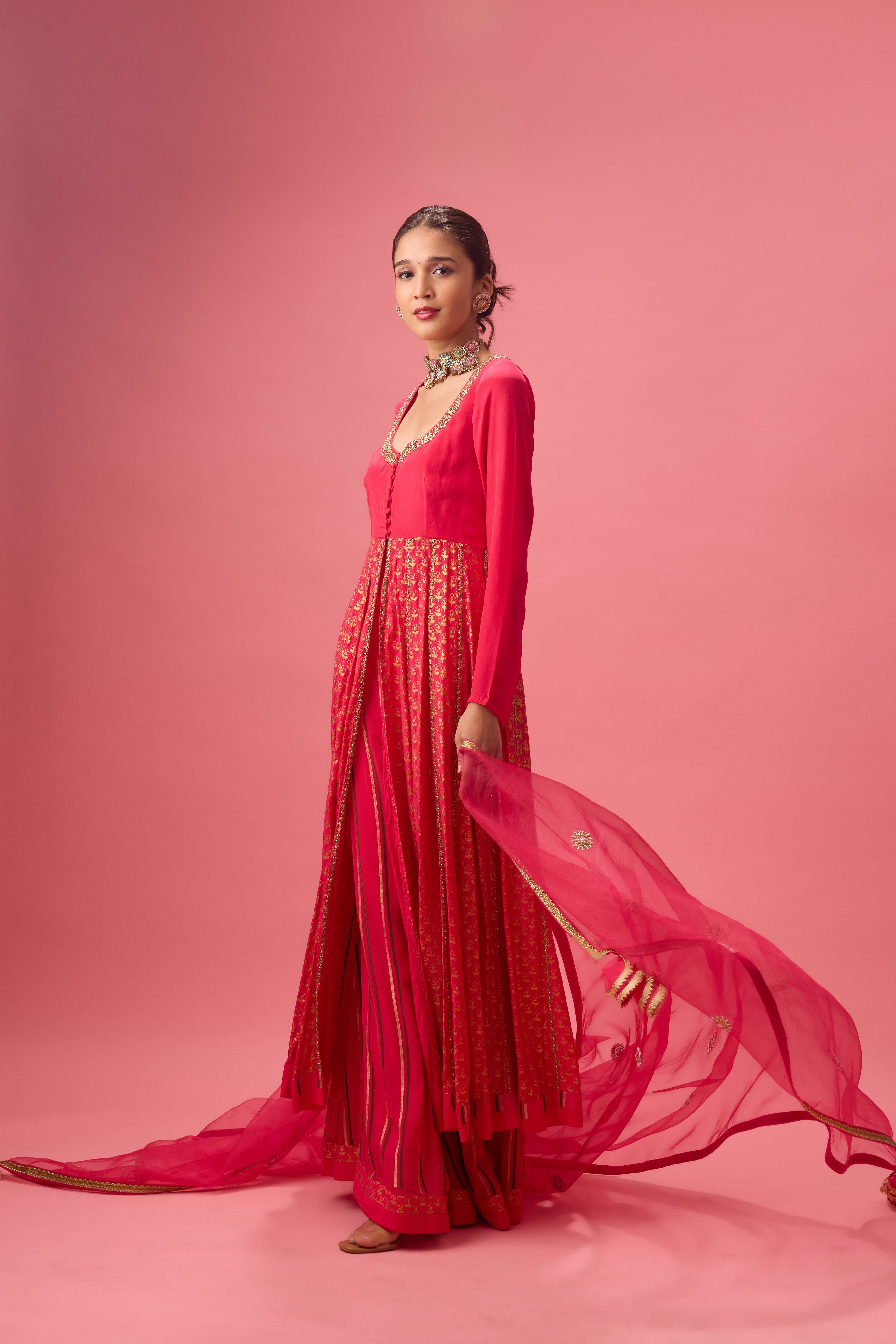 RANI PINK KALIDAR KURTA WITH FLARED PANT AND DUPATTA