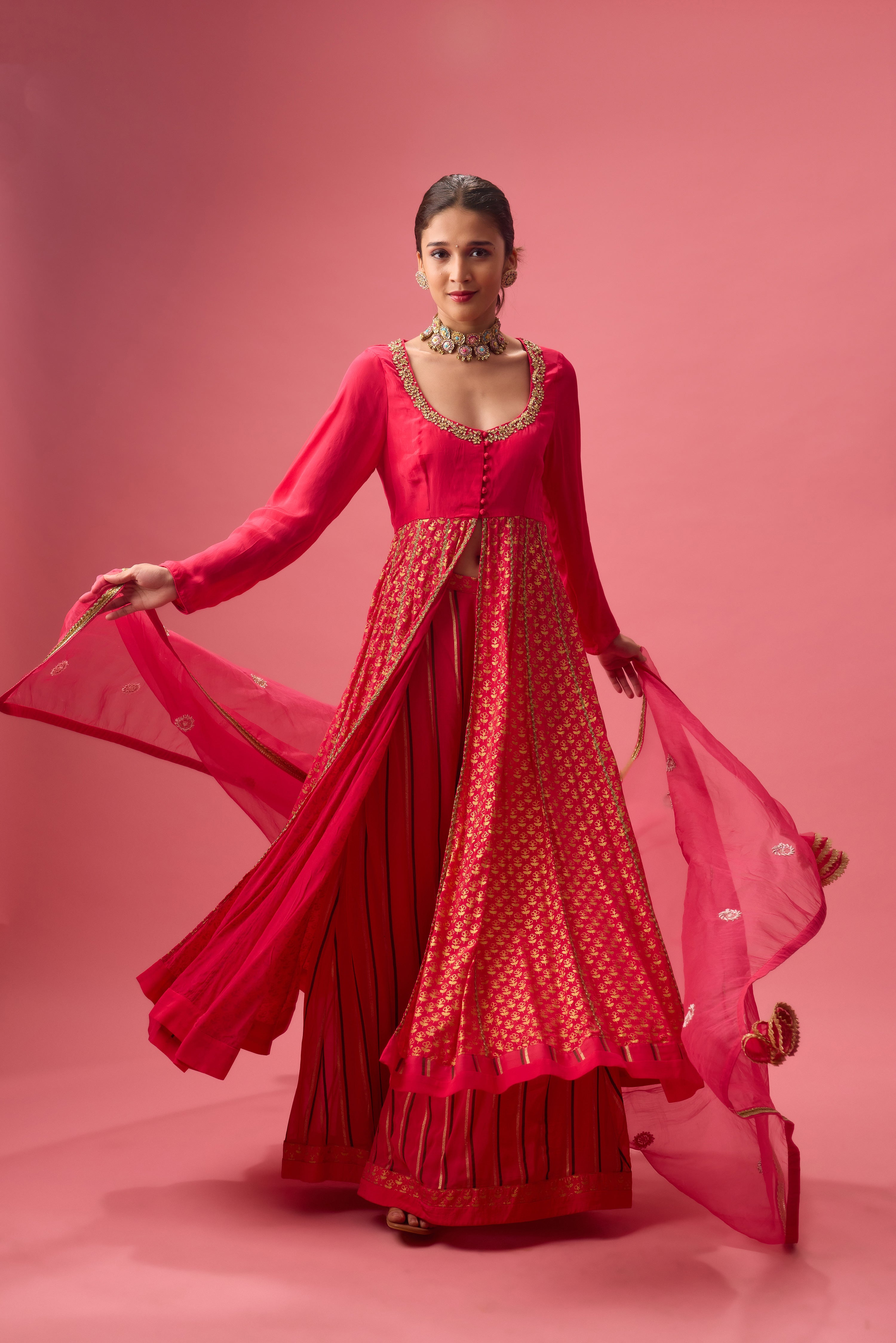 RANI PINK KALIDAR KURTA WITH FLARED PANT AND DUPATTA