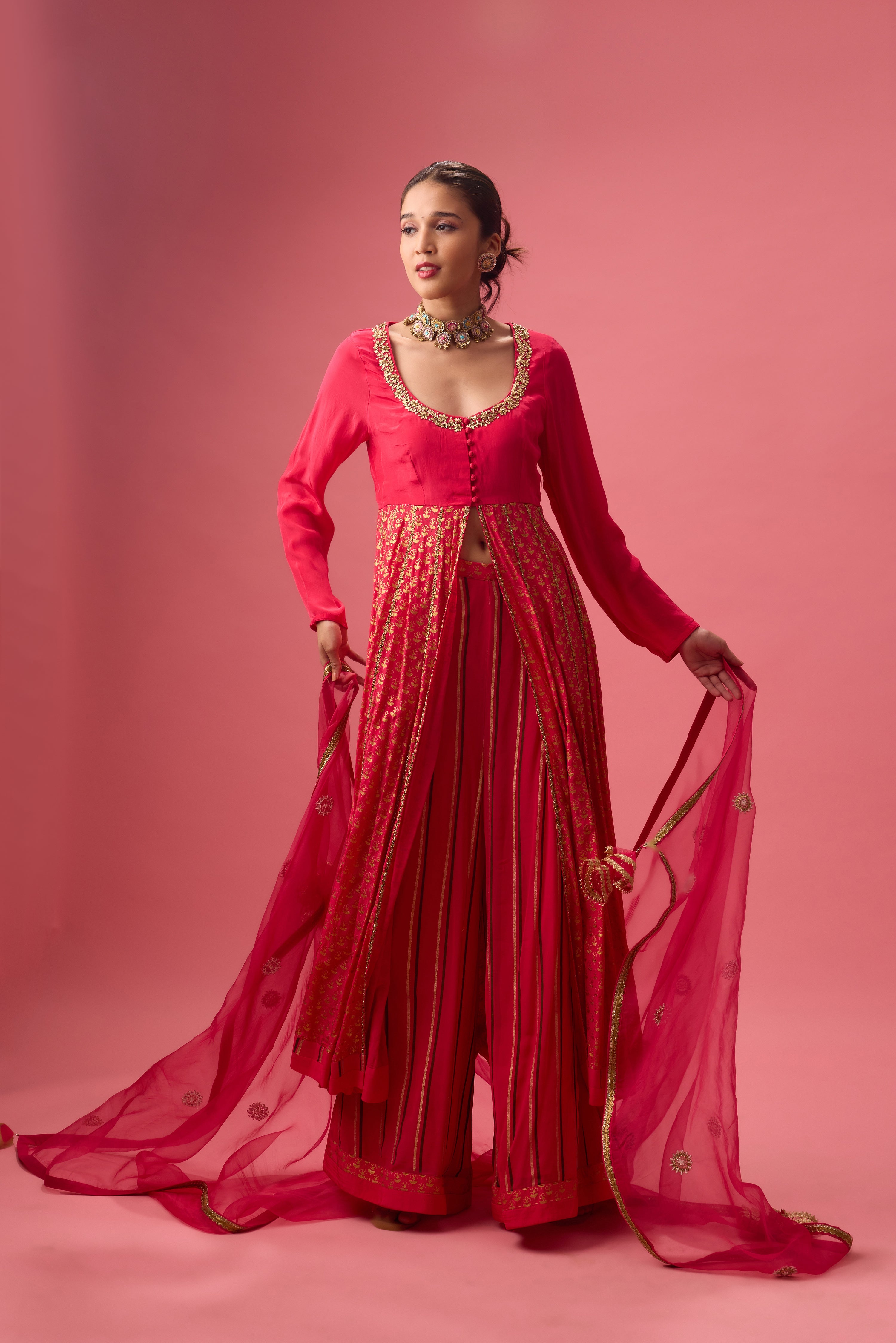 RANI PINK KALIDAR KURTA WITH FLARED PANT AND DUPATTA
