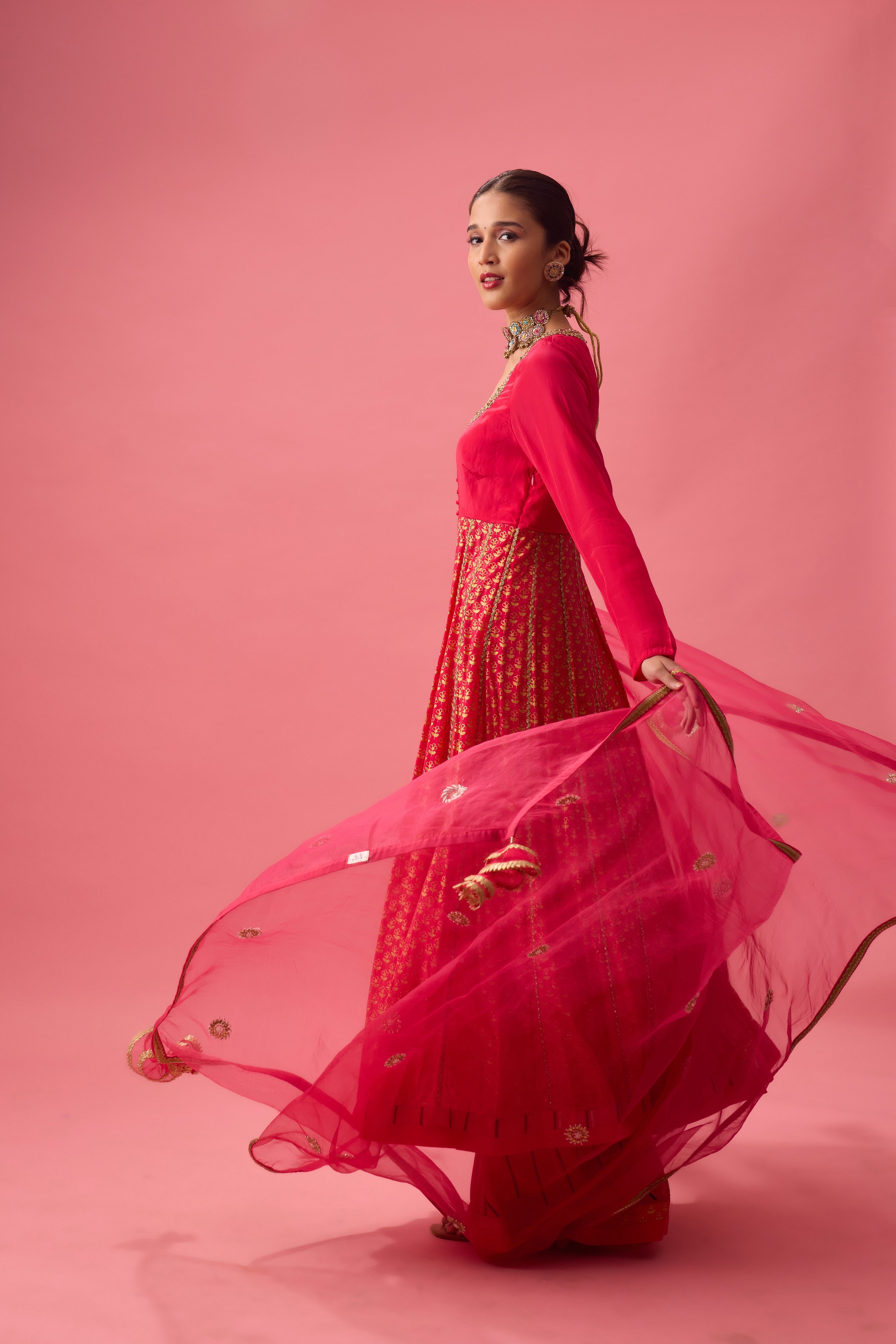 RANI PINK KALIDAR KURTA WITH FLARED PANT AND DUPATTA