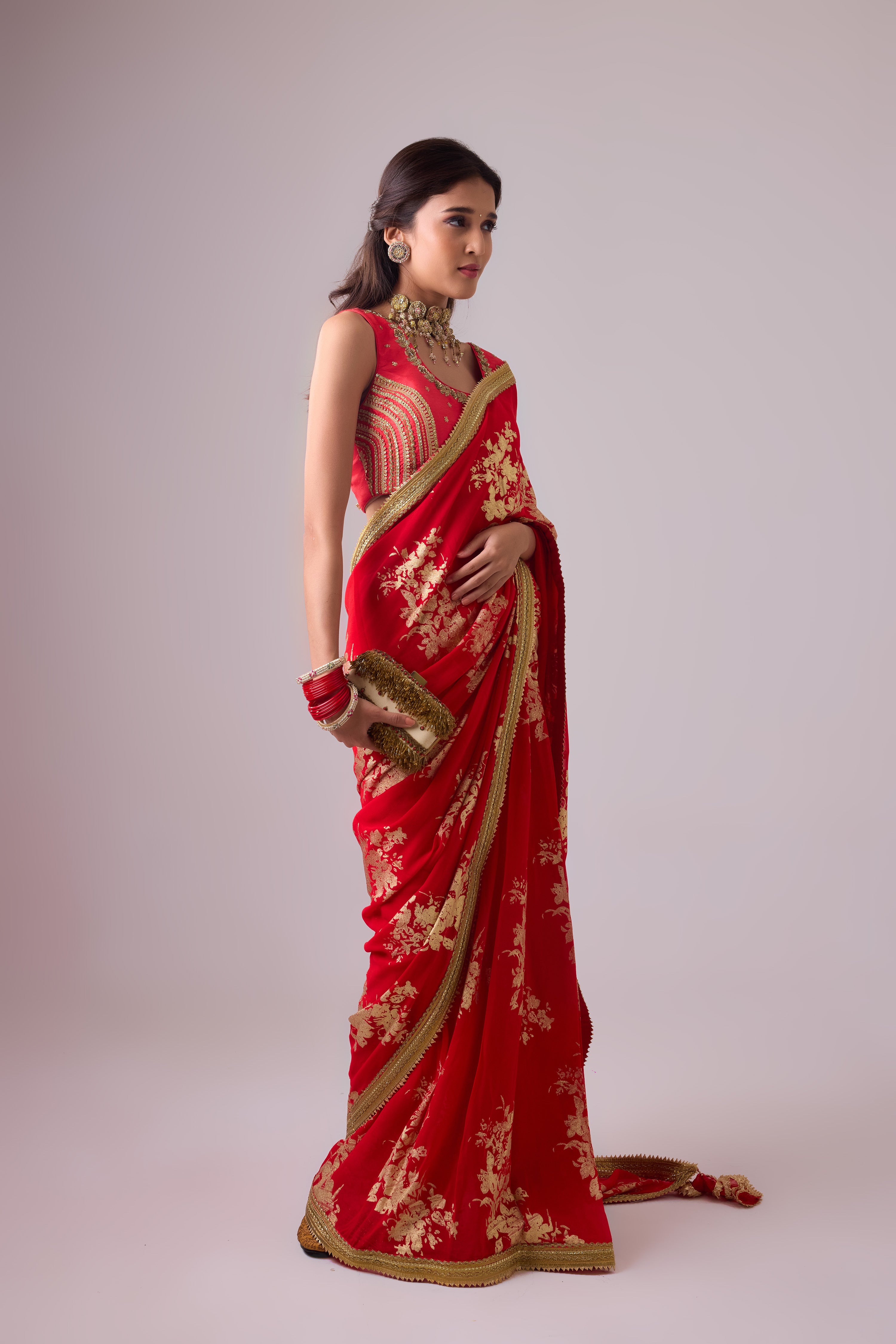 Georgette Badal sitara gold foil printed saree with gota blouse