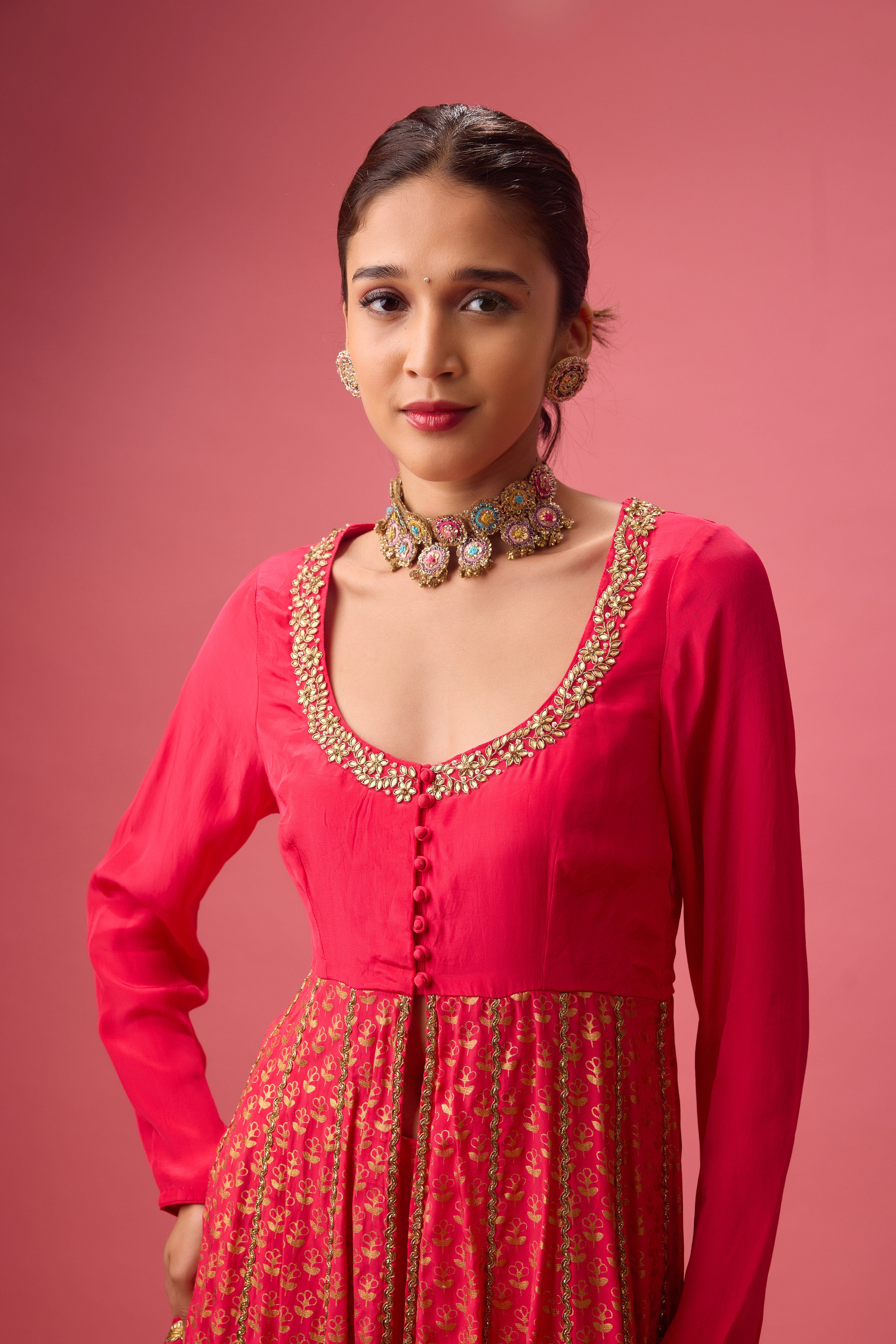 RANI PINK KALIDAR KURTA WITH FLARED PANT AND DUPATTA