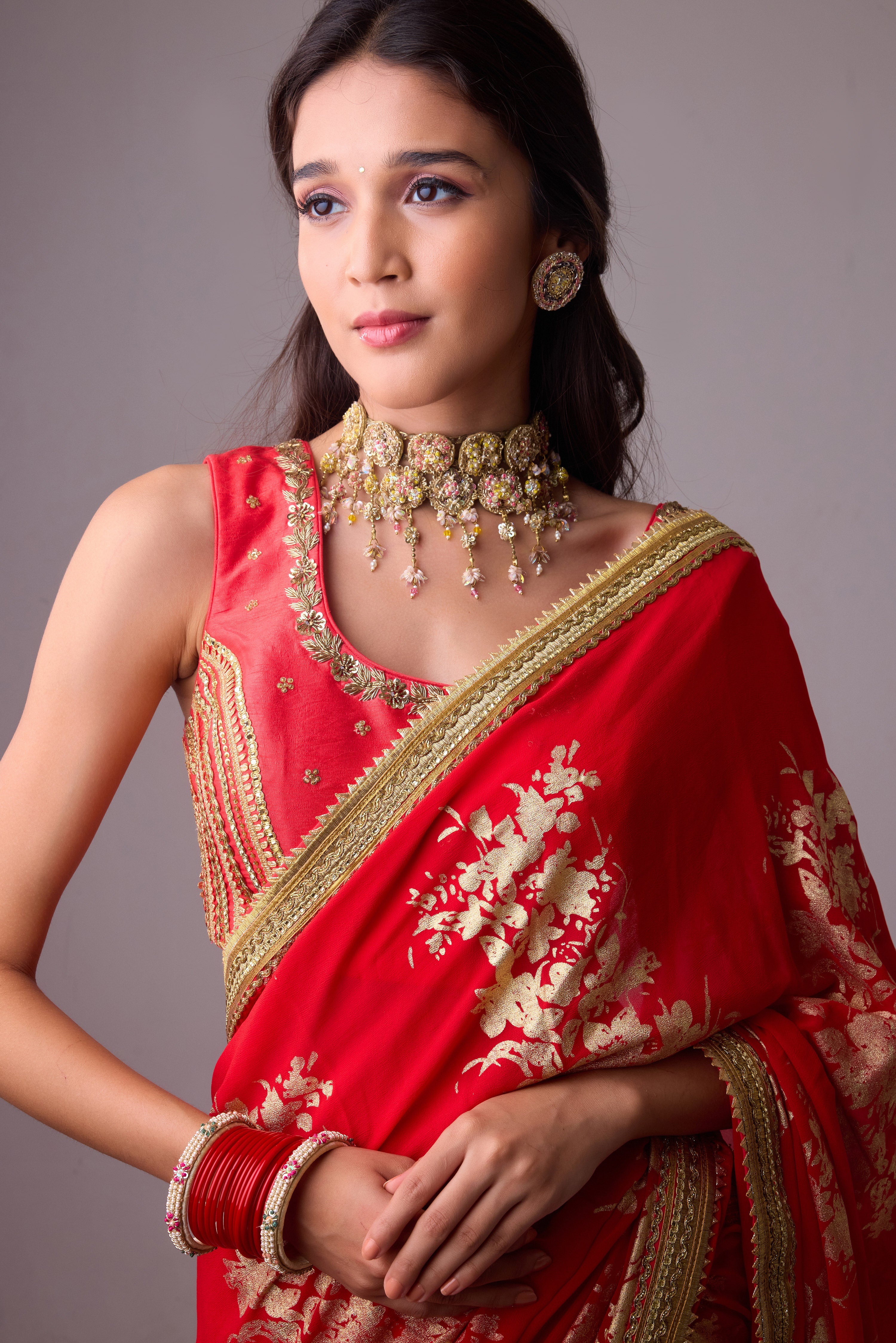 Georgette Badal sitara gold foil printed saree with gota blouse