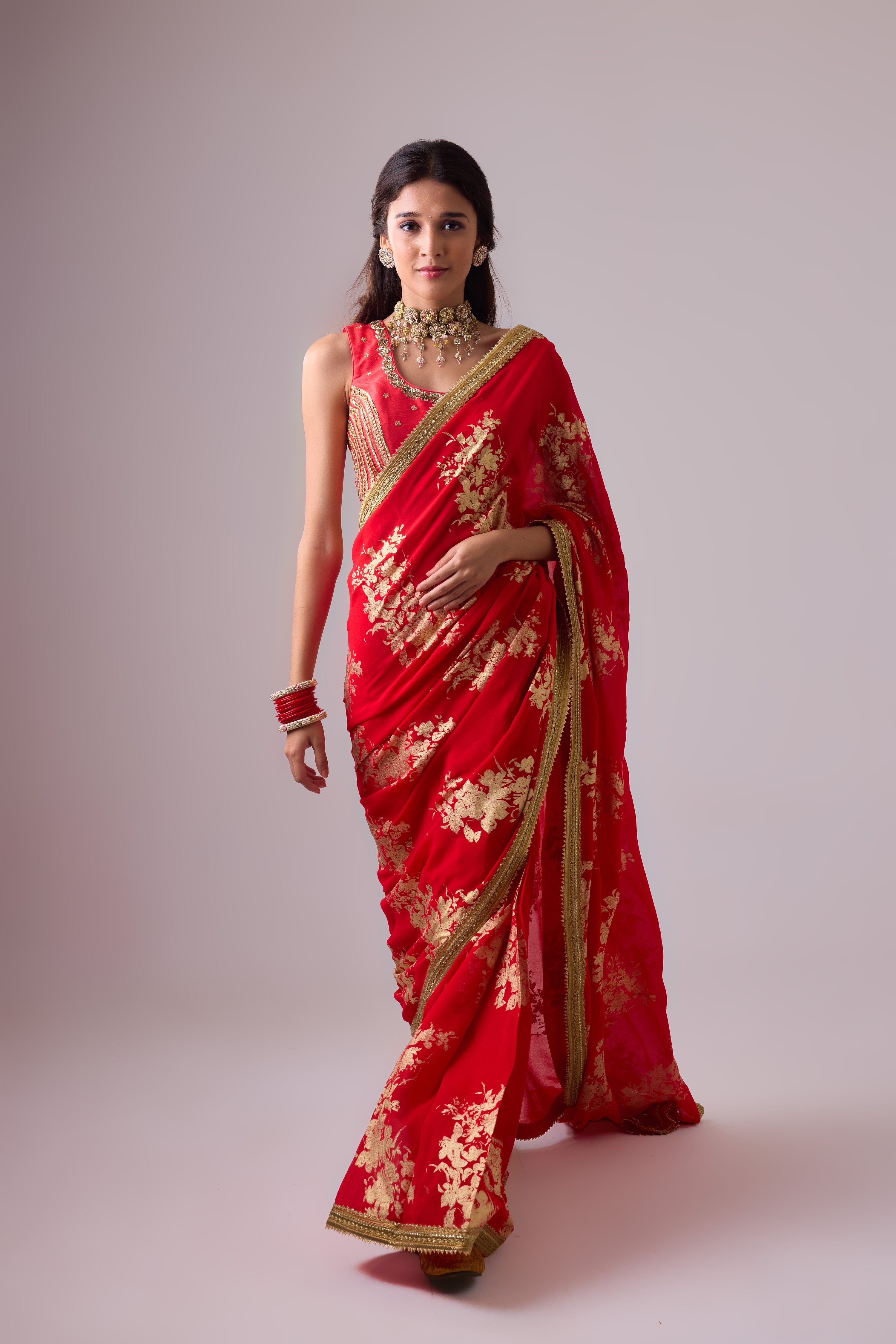 Georgette Badal sitara gold foil printed saree with gota blouse