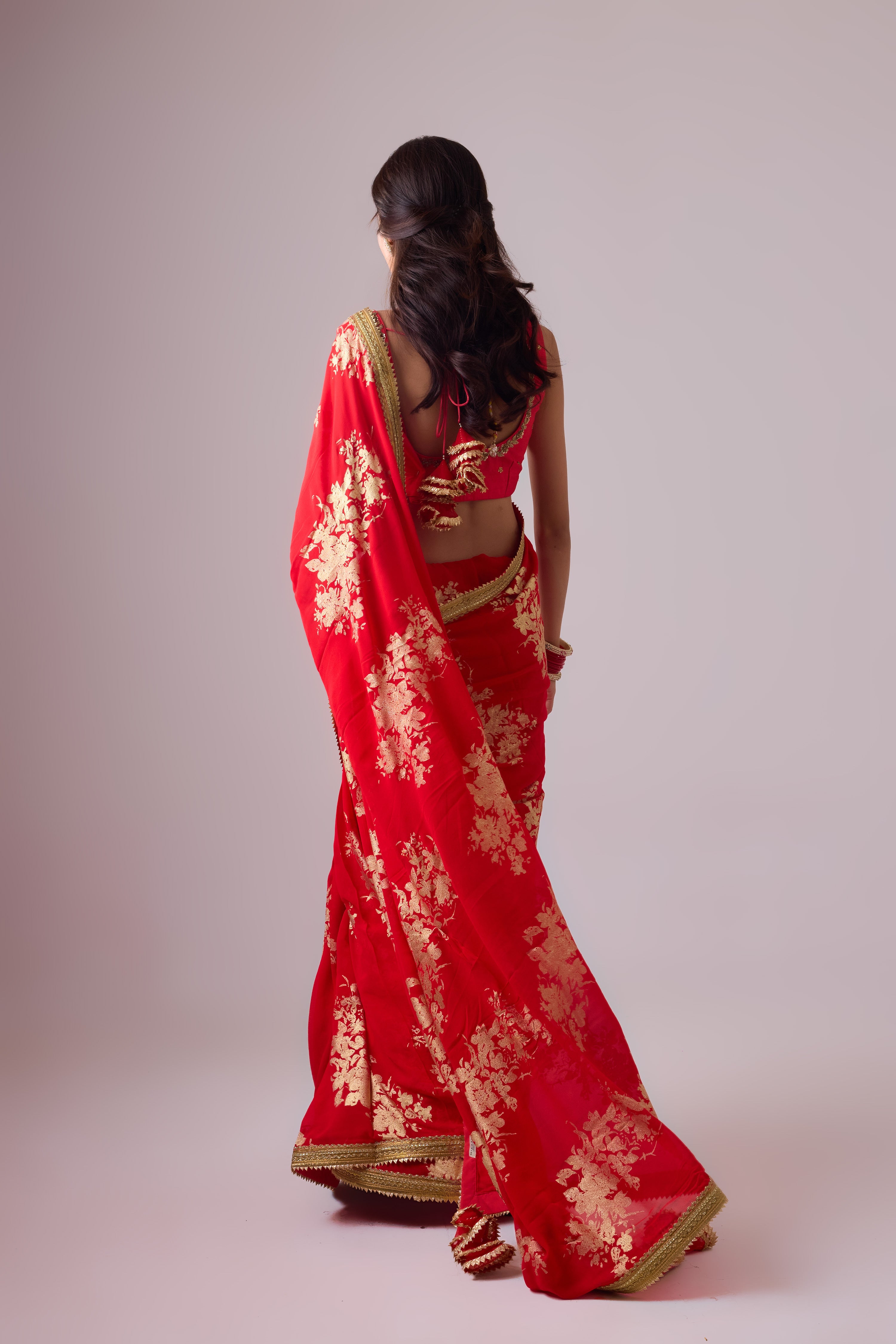 Georgette Badal sitara gold foil printed saree with gota blouse