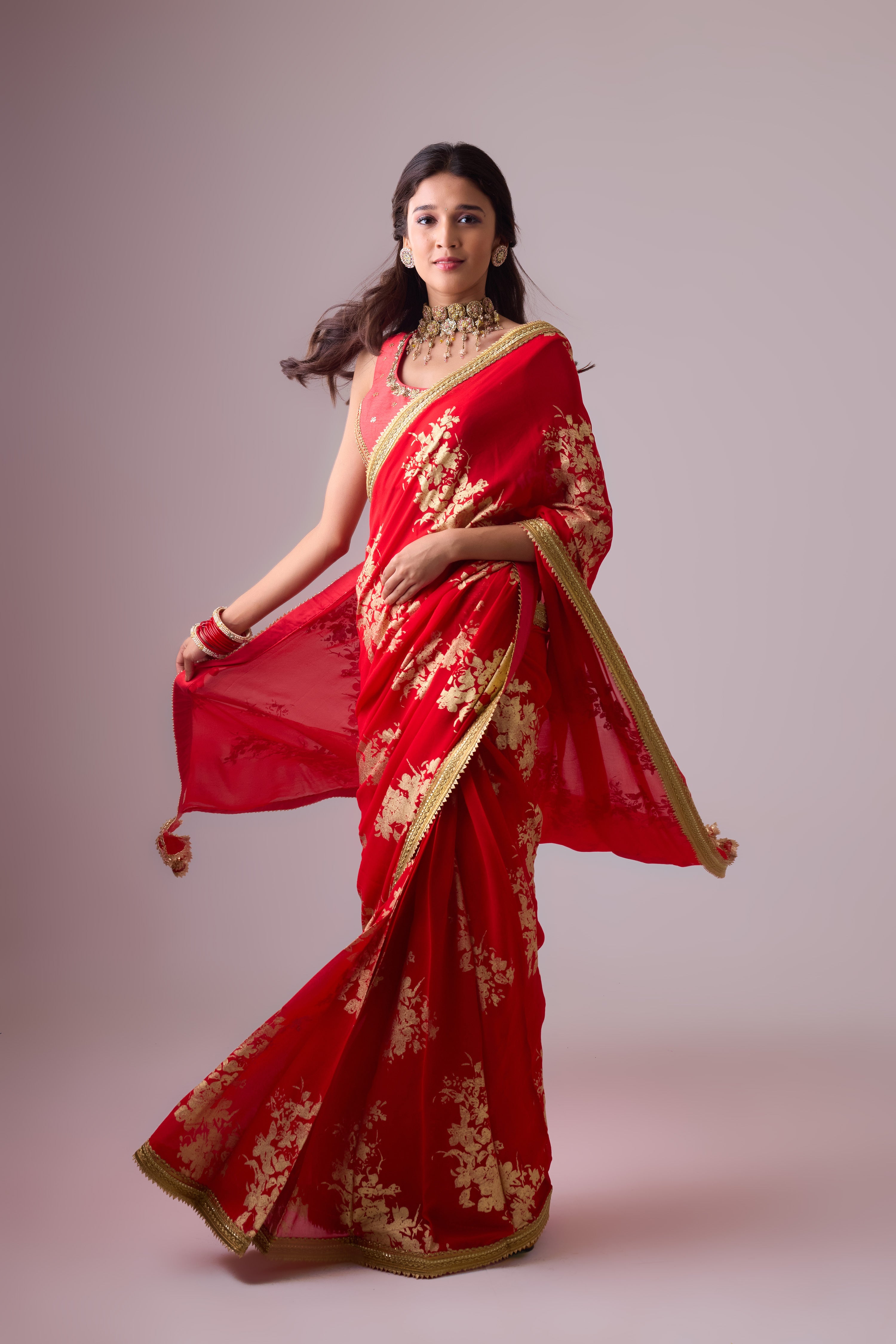 Georgette Badal sitara gold foil printed saree with gota blouse