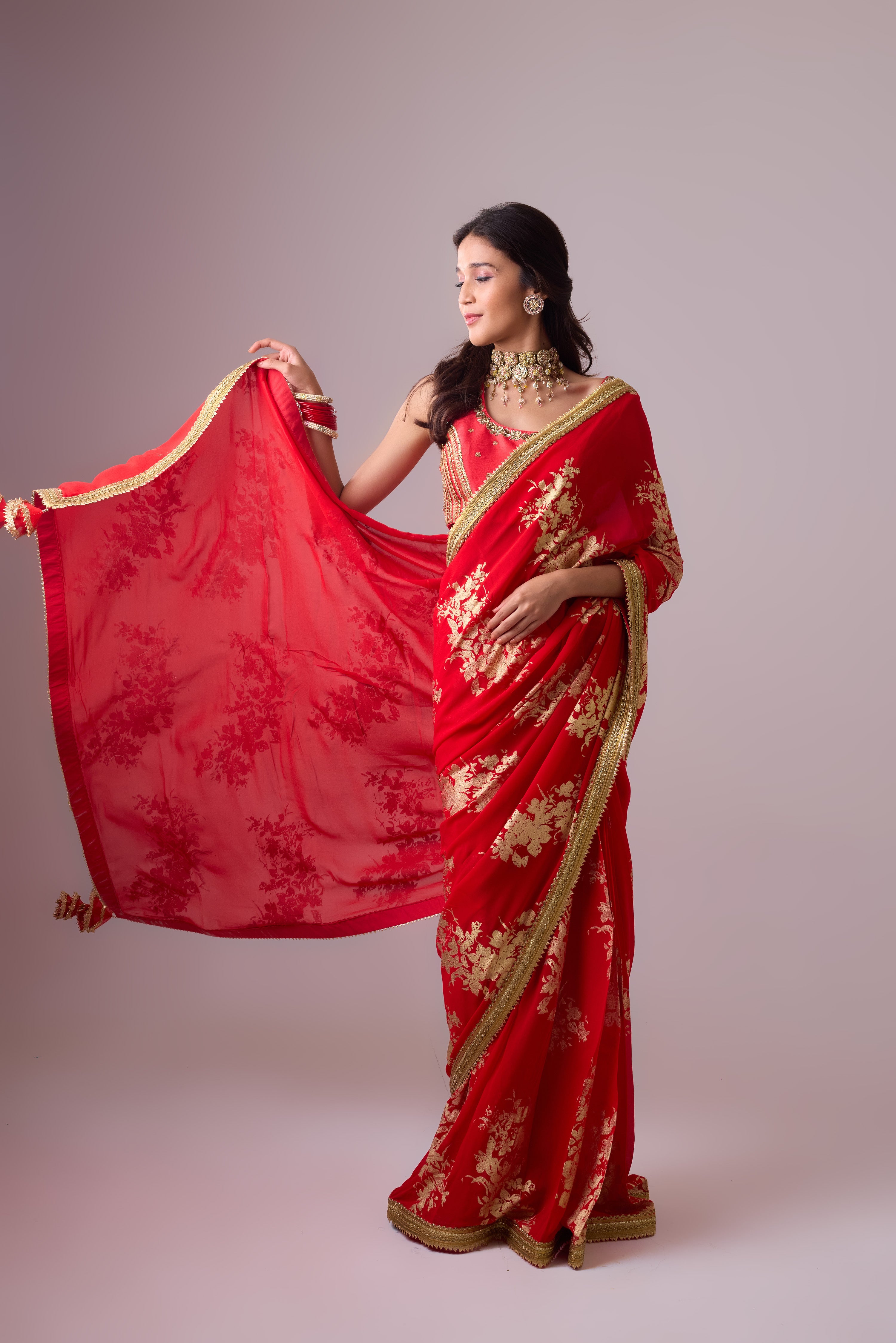 Georgette Badal sitara gold foil printed saree with gota blouse