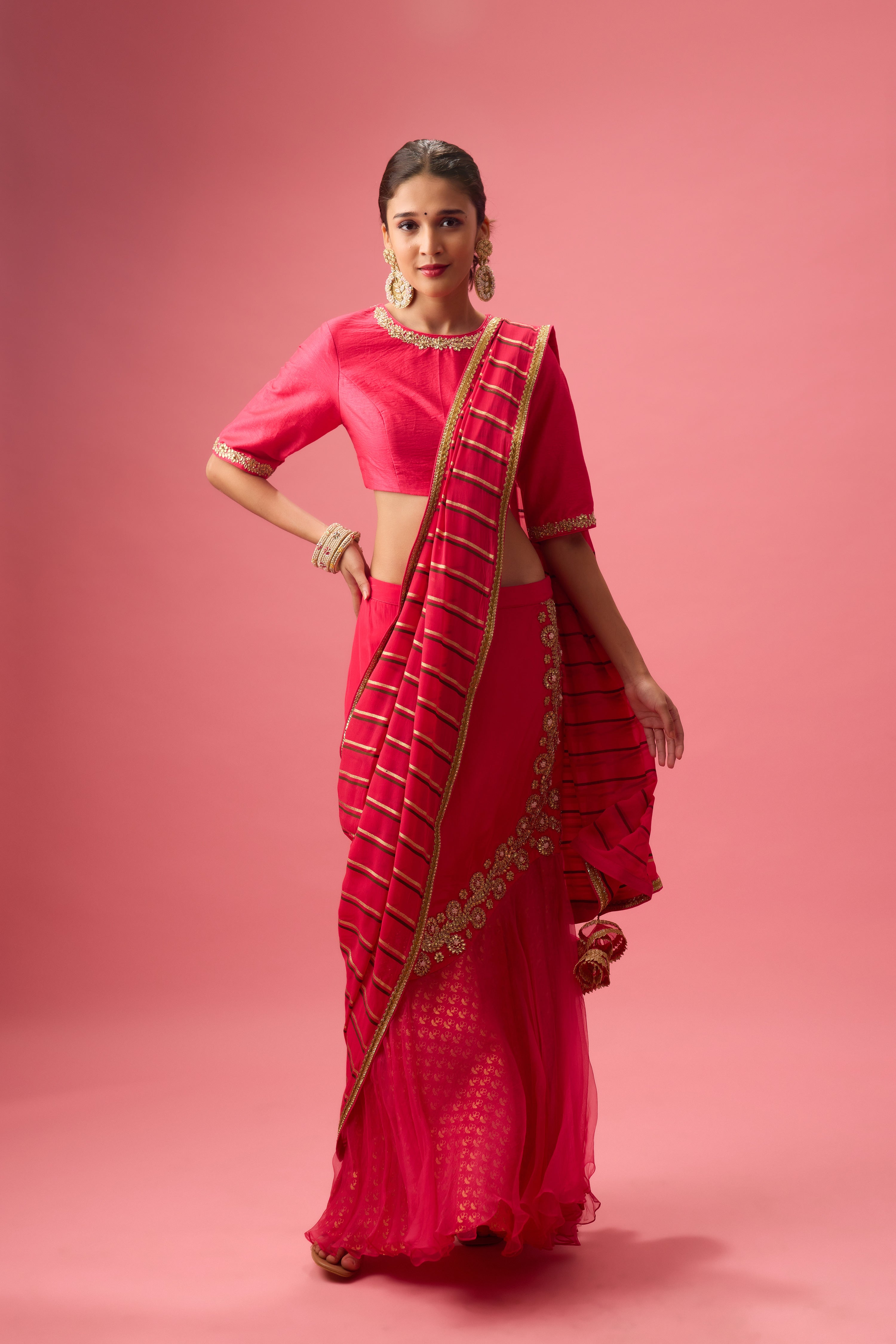 DOUBLE LAYER HAND EMB. ORGANZA LEHENGA PAIRED WITH EMB. BLOUSE AND DUPATTA