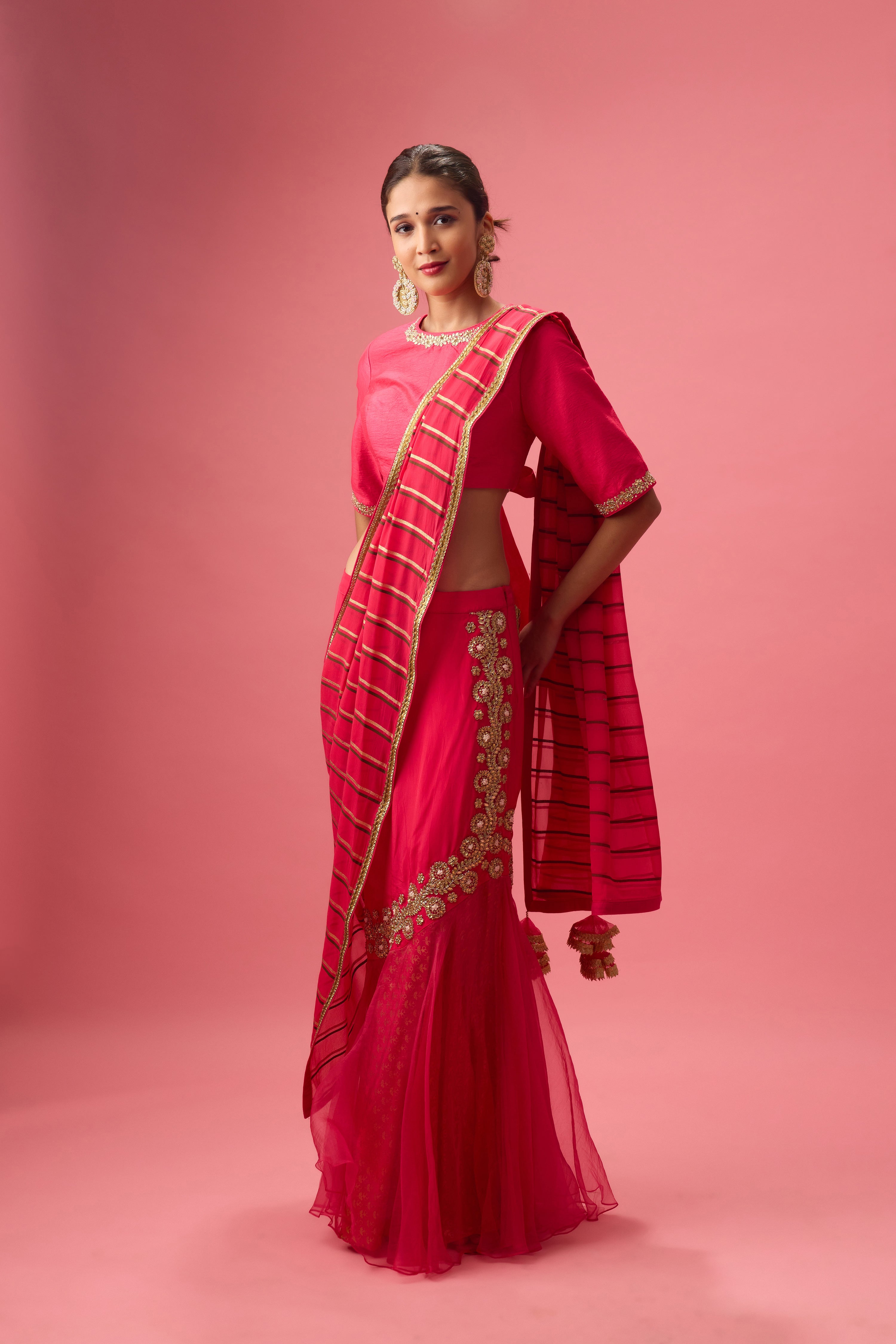 DOUBLE LAYER HAND EMB. ORGANZA LEHENGA PAIRED WITH EMB. BLOUSE AND DUPATTA