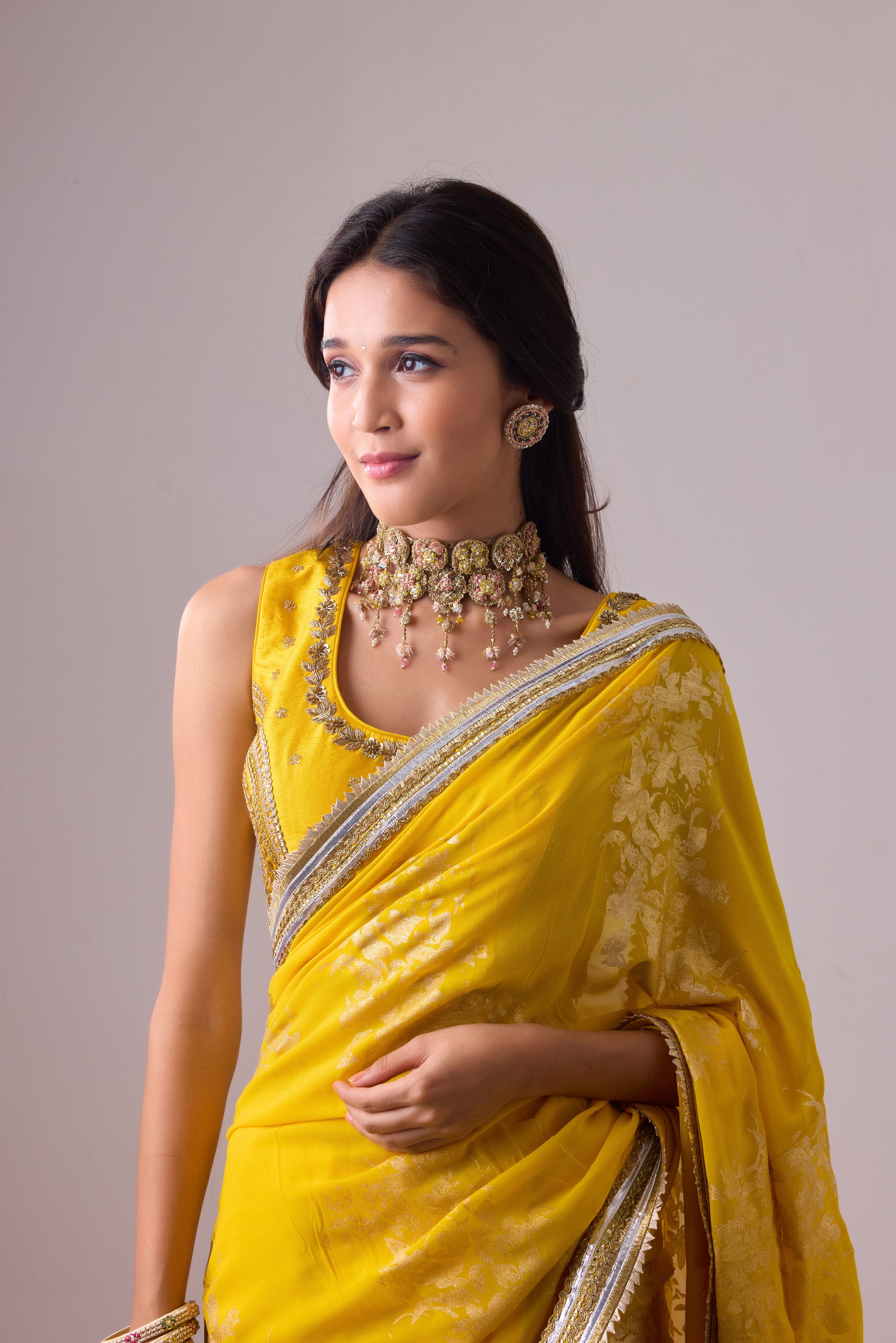 Georgette Badal sitara gold foil printed saree with gota blouse