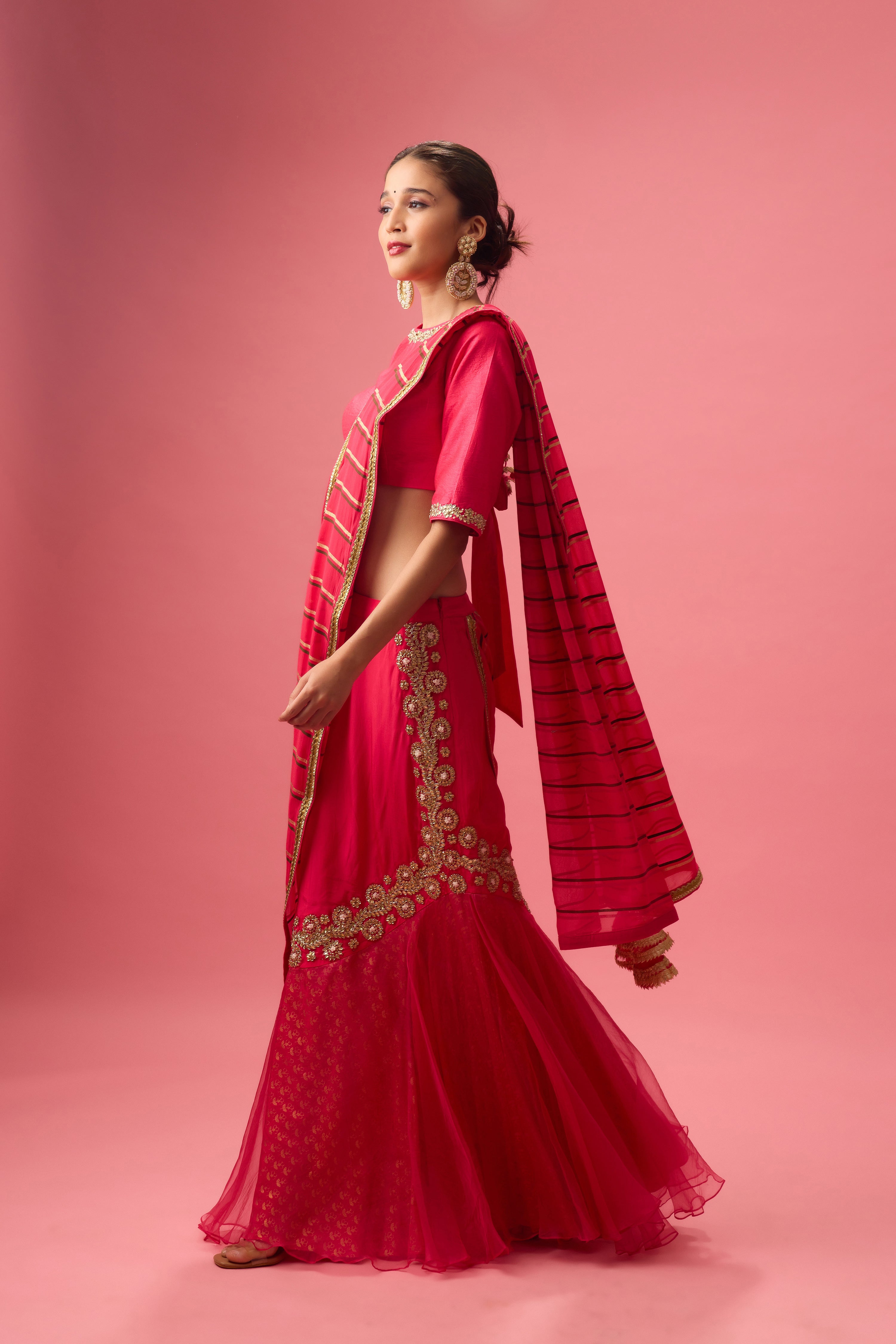 DOUBLE LAYER HAND EMB. ORGANZA LEHENGA PAIRED WITH EMB. BLOUSE AND DUPATTA