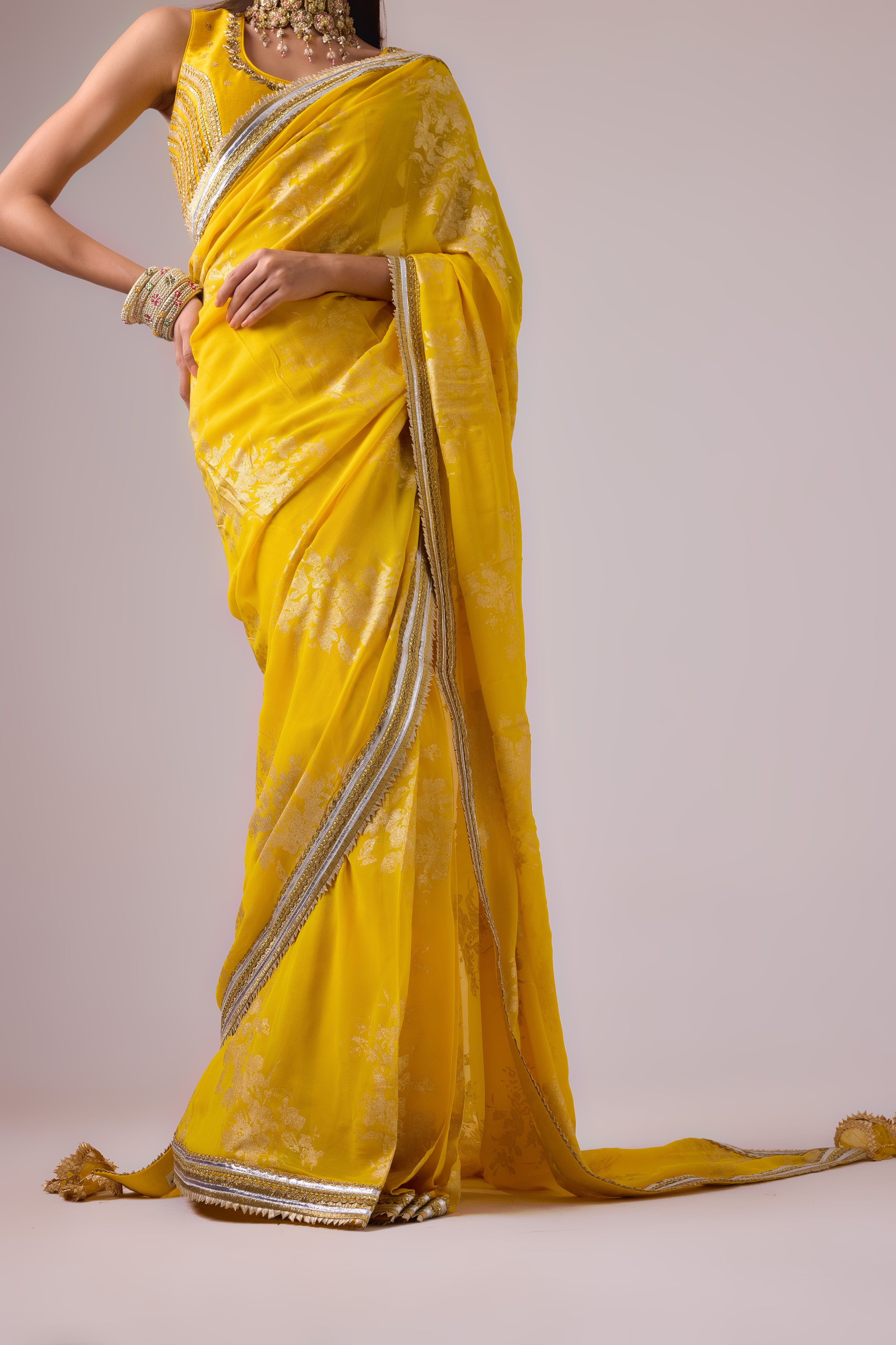 Georgette Badal sitara gold foil printed saree with gota blouse