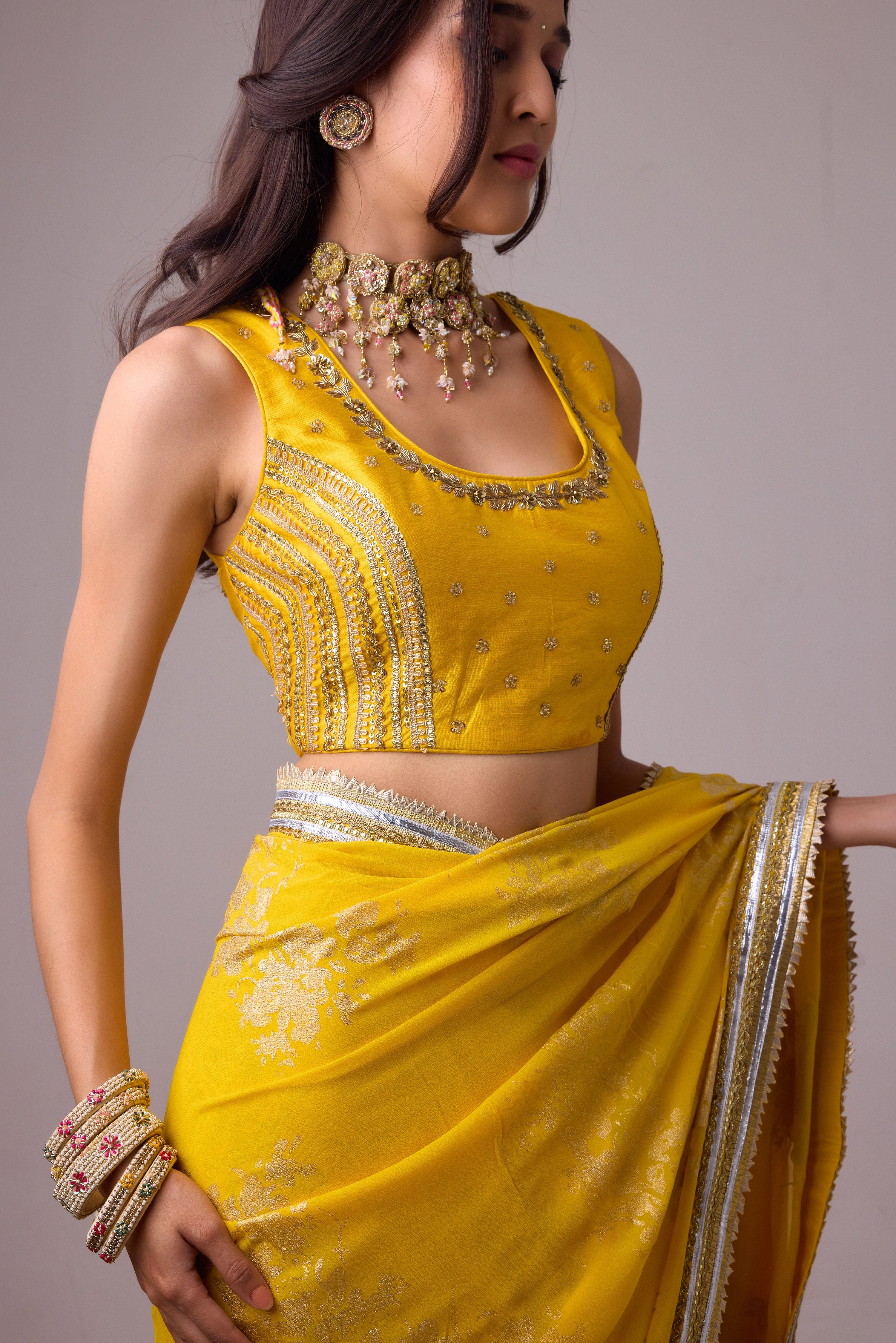 Georgette Badal sitara gold foil printed saree with gota blouse