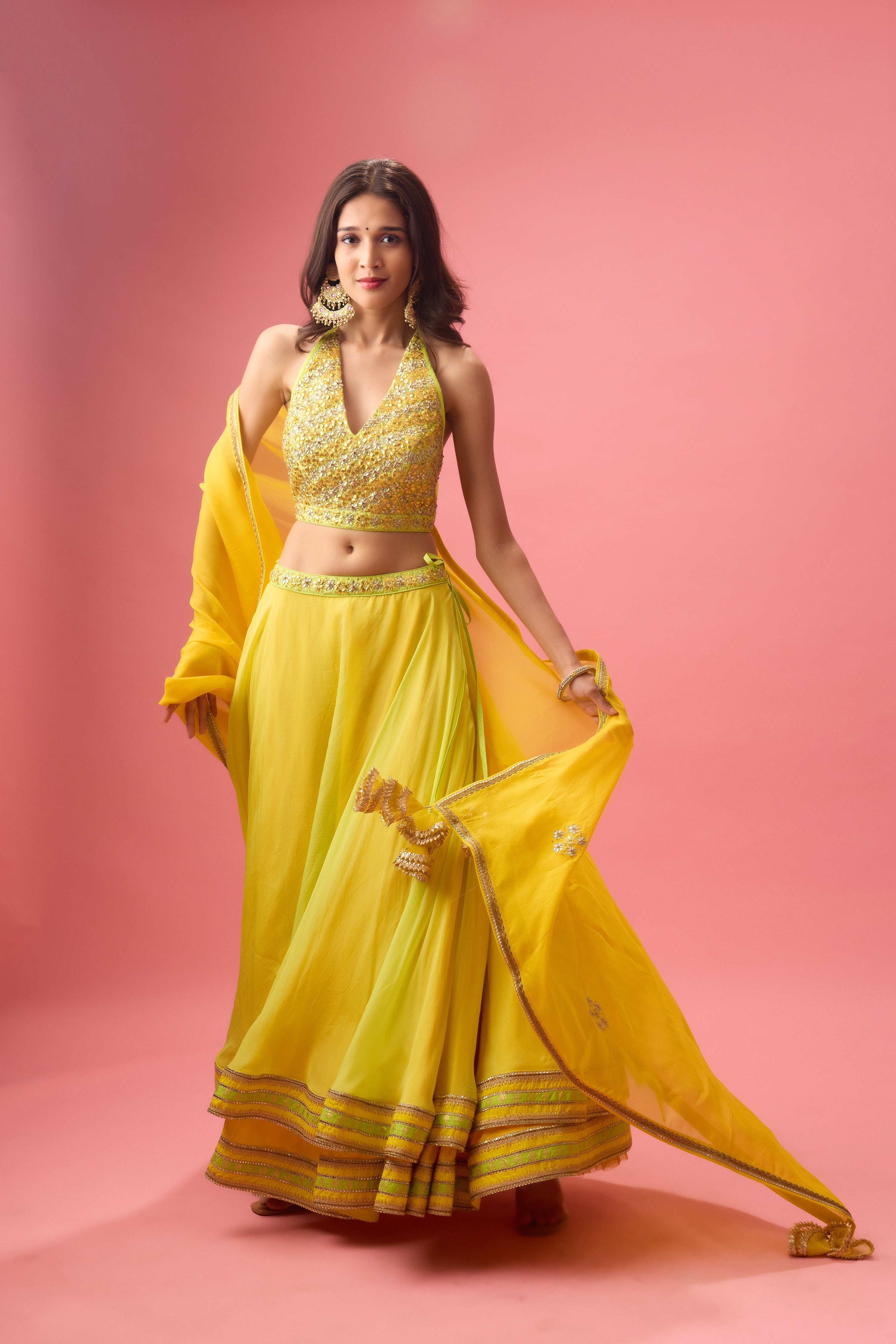 LIME GREEN DOUBLE LAYER ORGANZA LEHENGA PAIRED WITH BLOUSE &DUPATTA