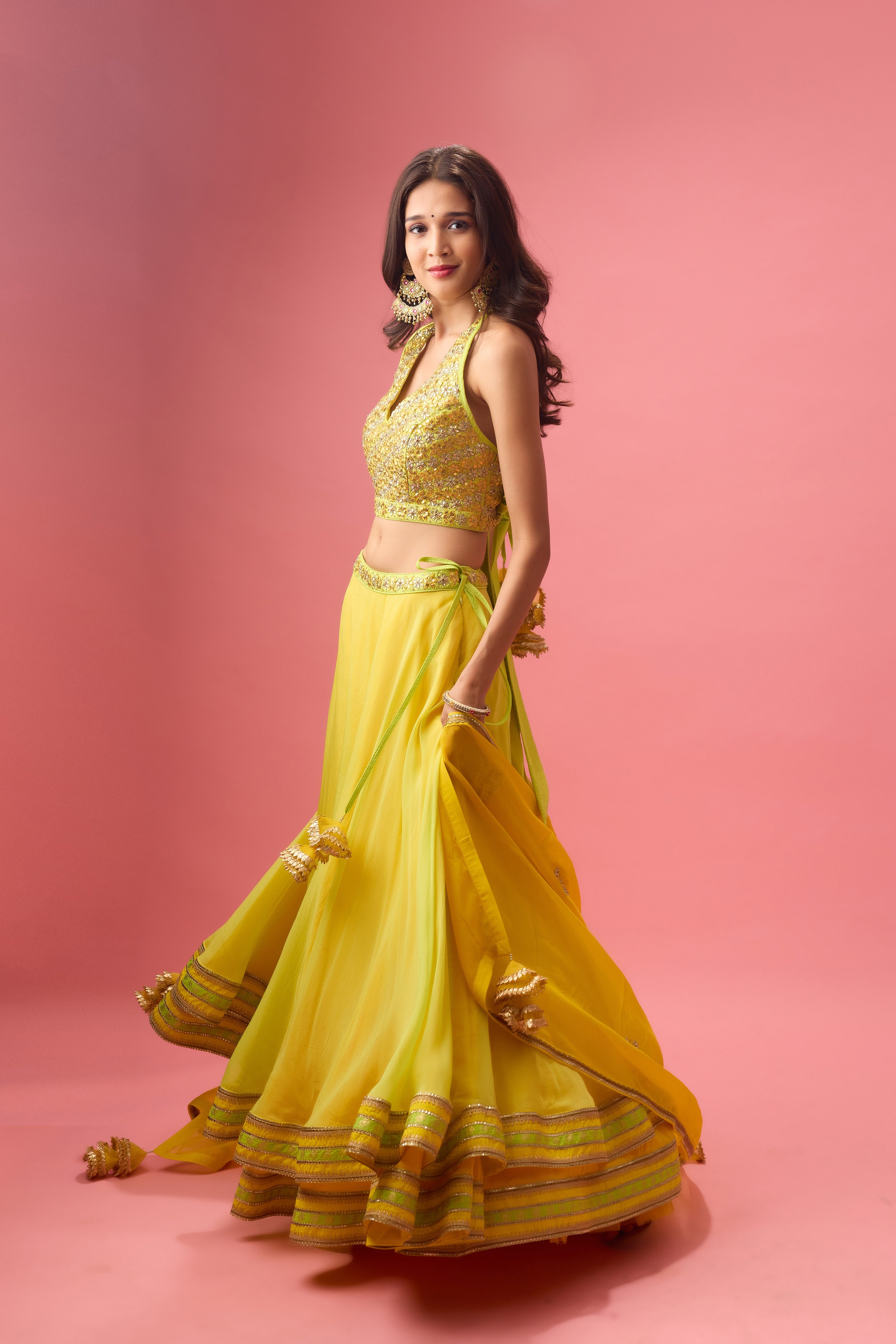 LIME GREEN DOUBLE LAYER ORGANZA LEHENGA PAIRED WITH BLOUSE &DUPATTA