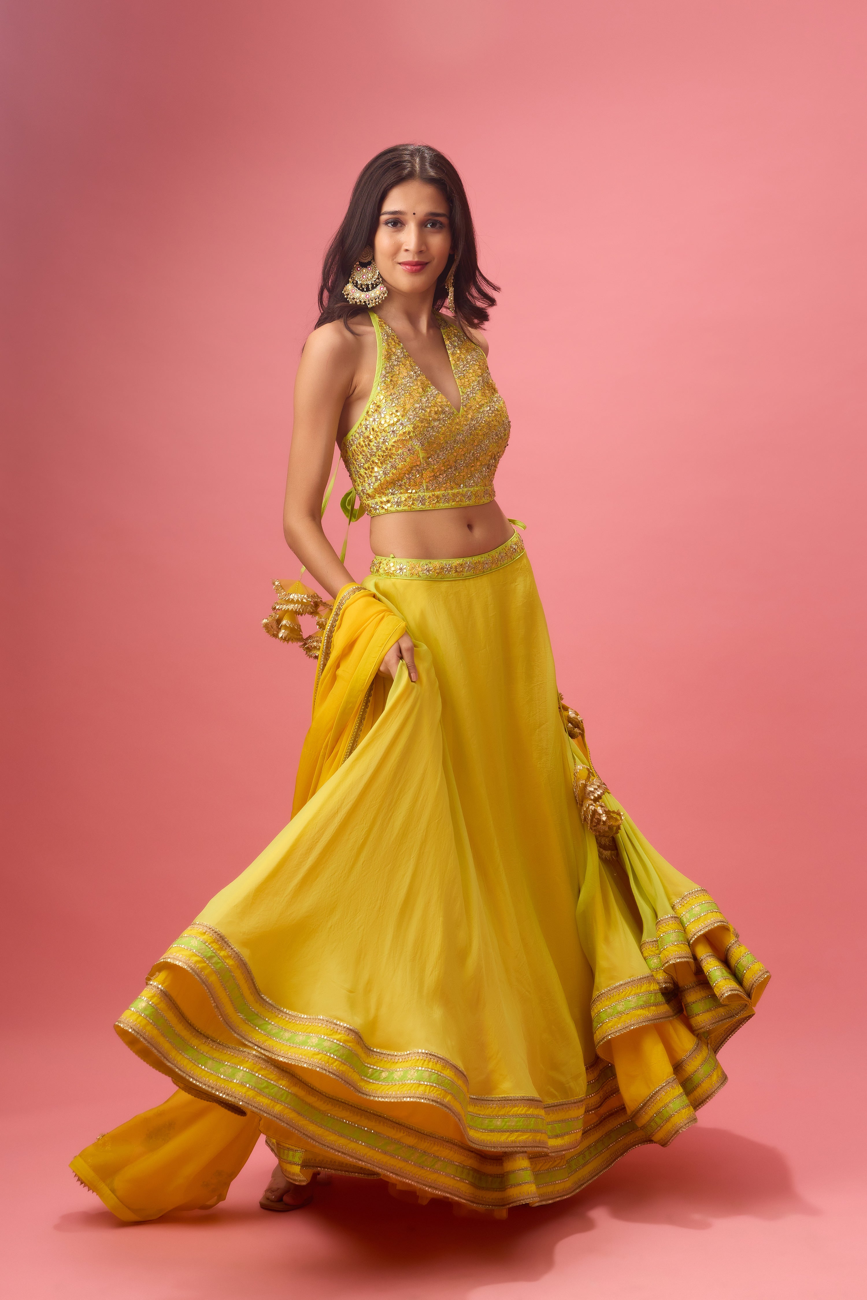 LIME GREEN DOUBLE LAYER ORGANZA LEHENGA PAIRED WITH BLOUSE &DUPATTA