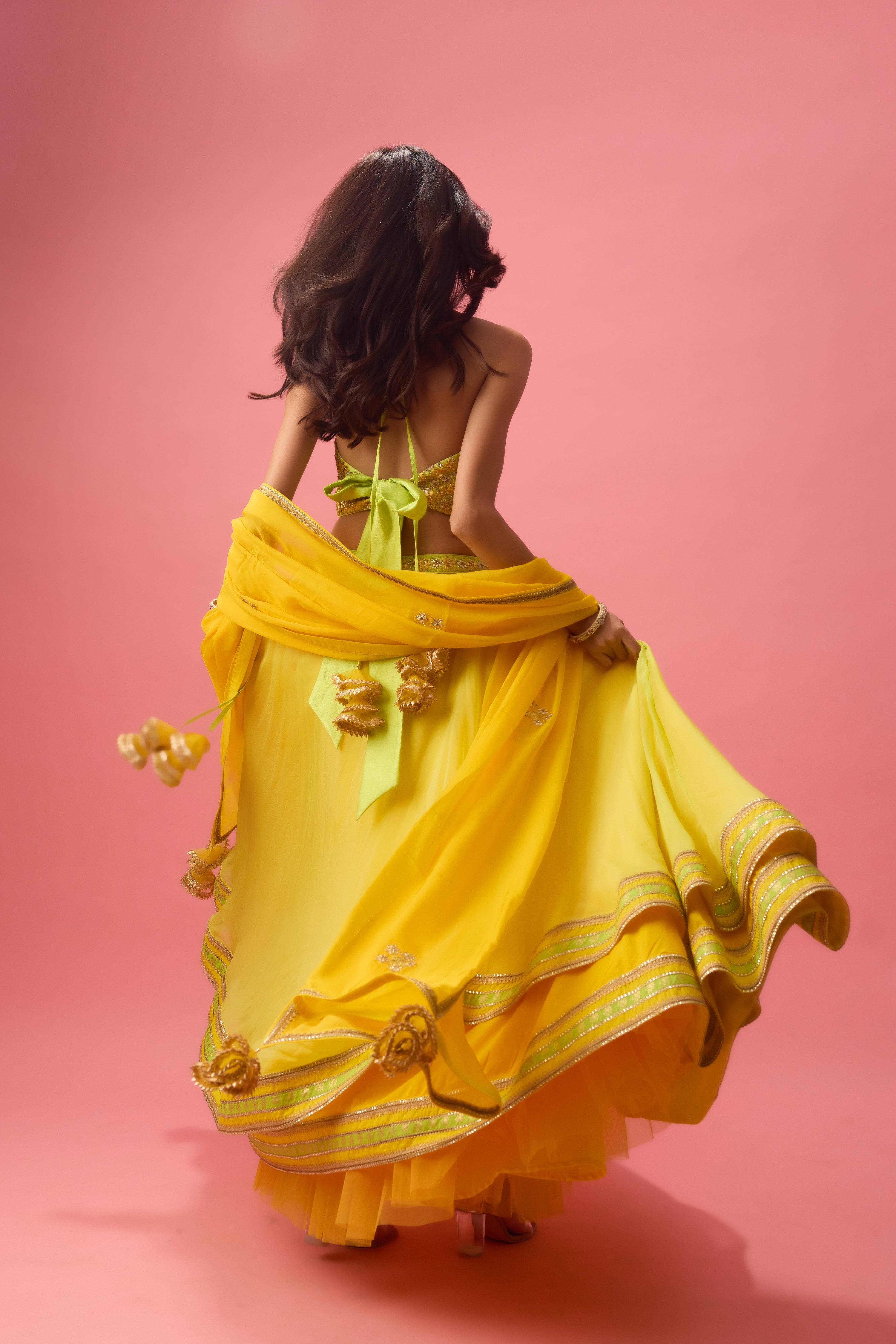 LIME GREEN DOUBLE LAYER ORGANZA LEHENGA PAIRED WITH BLOUSE &DUPATTA