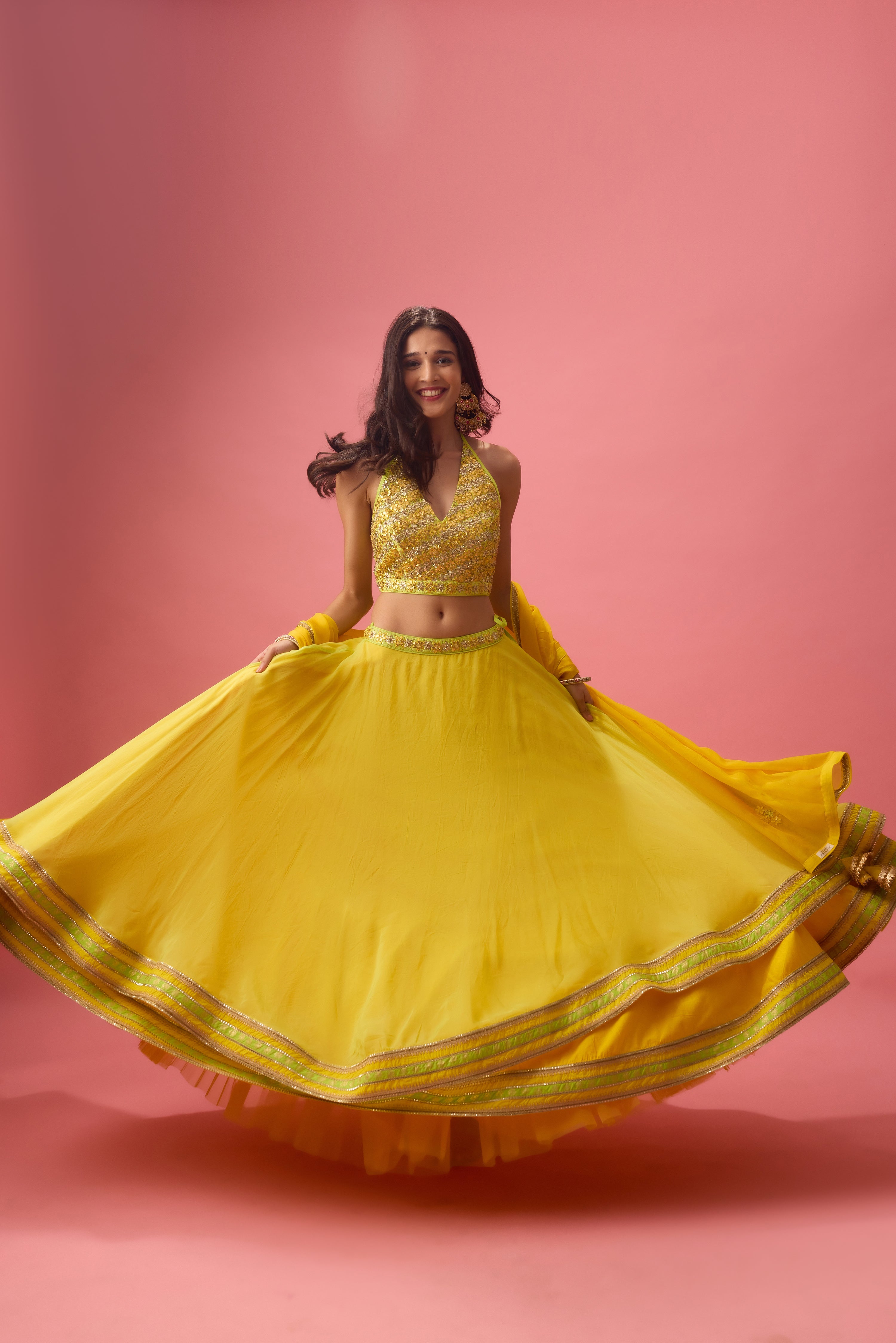 LIME GREEN DOUBLE LAYER ORGANZA LEHENGA PAIRED WITH BLOUSE &DUPATTA