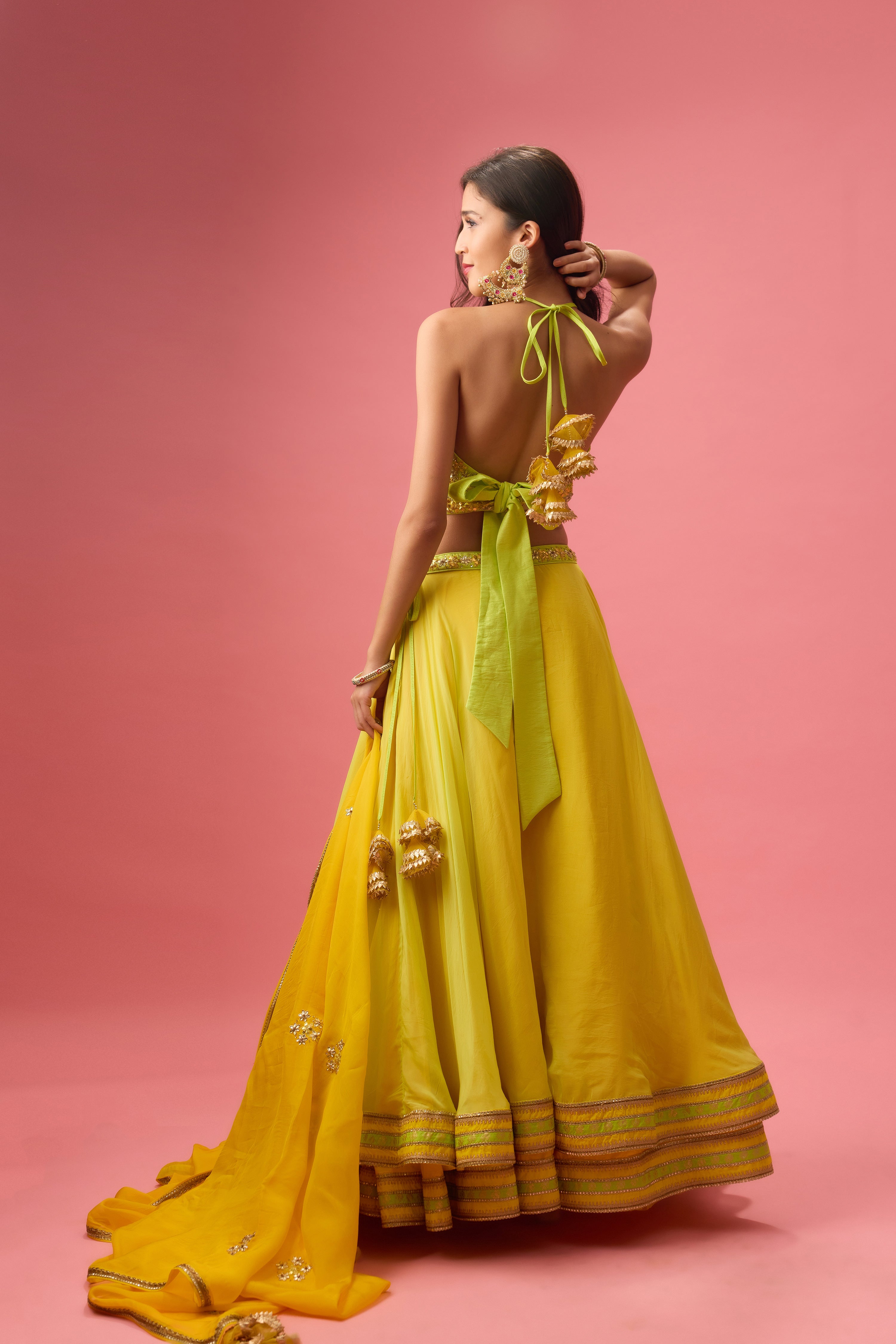 LIME GREEN DOUBLE LAYER ORGANZA LEHENGA PAIRED WITH BLOUSE &DUPATTA